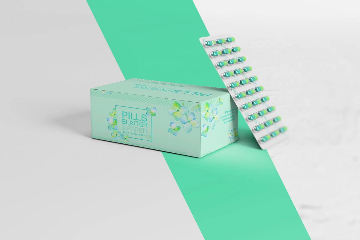 胶囊药物纸盒包装样机 Pills Blister/ Paper Box Mockup插图