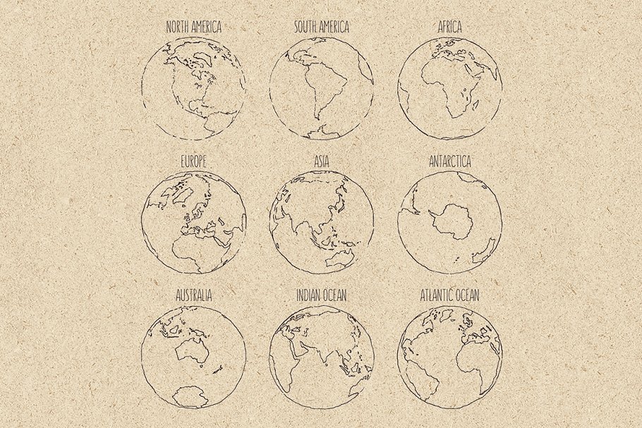 地球七大洲四大洋素描图形 Sketches of the globe插图(2)