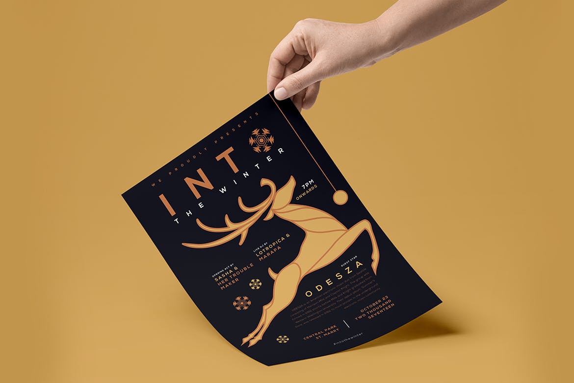 飞驰的麋鹿圣诞节活动海报设计模板 Christmas Event Poster插图(1)