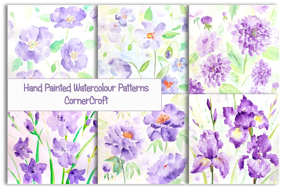 蓝色水彩花朵图案素材 Watercolor Patterns blue flowers插图