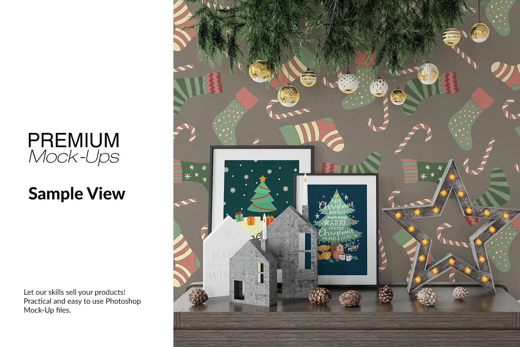 高品质的圣诞节画框框架和墙壁装饰展示样机 Christmas Frames & Wall Set [psd,jpg]插图(12)