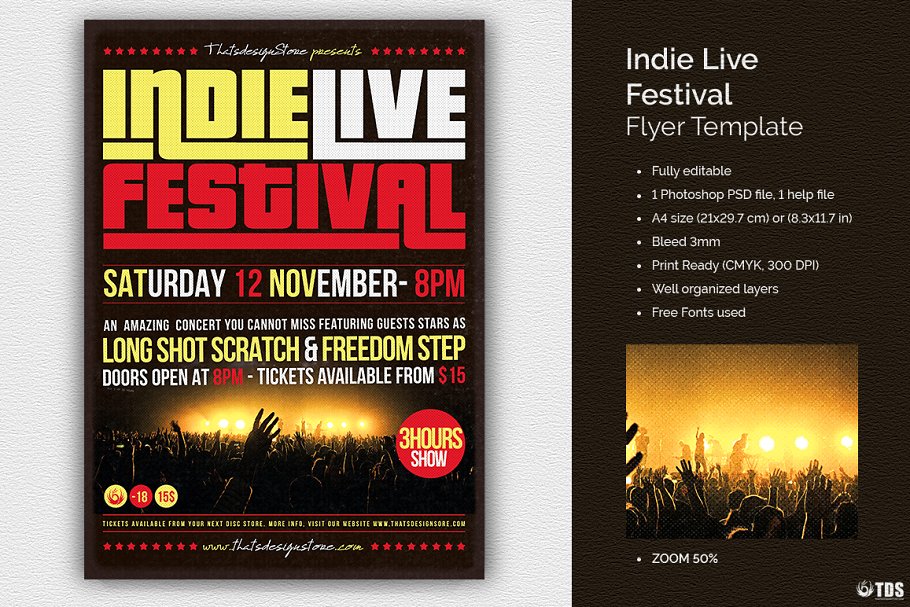 独立音乐节宣传海报设计PSD模板 Indie Live Festival Flyer PSD插图