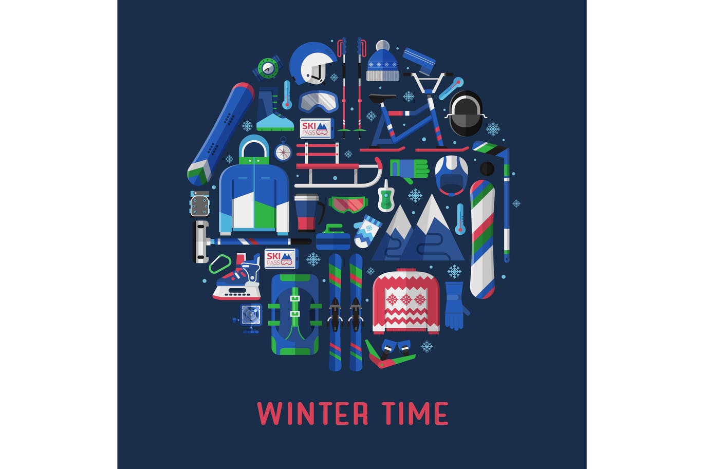 冬季运动主题扁平设计风格圆形矢量插画素材中国精选 Winter Time Card with Circle Print插图