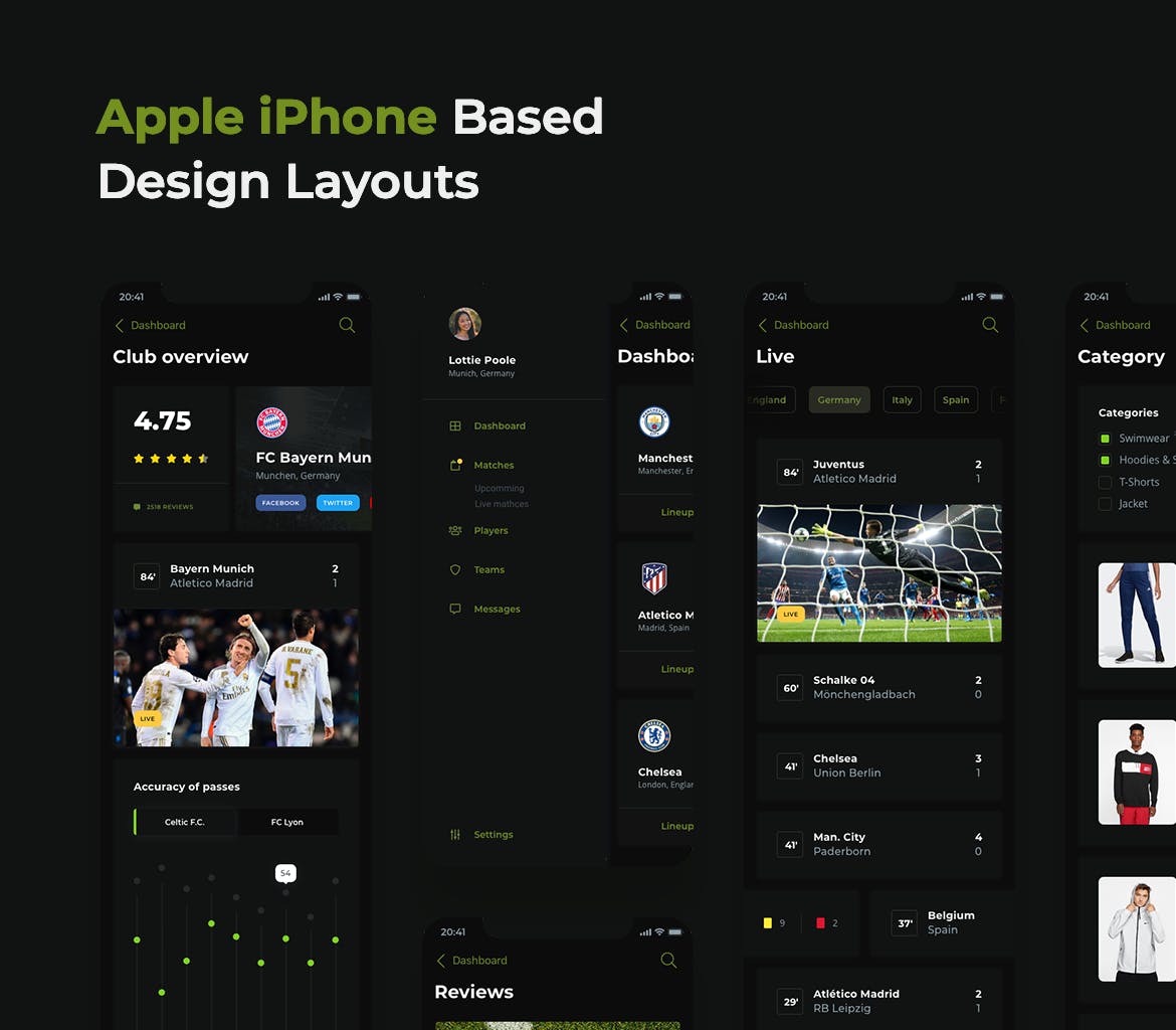足球赛事APP应用UI设计素材库精选套件[黑暗模式版本] Soccer mobile app – Dark UI插图(6)