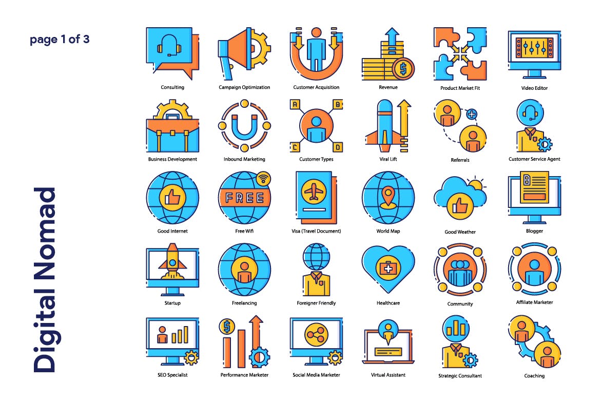90枚数字游民主题填色线性素材库精选图标 Digital Nomad Icon Set插图(1)