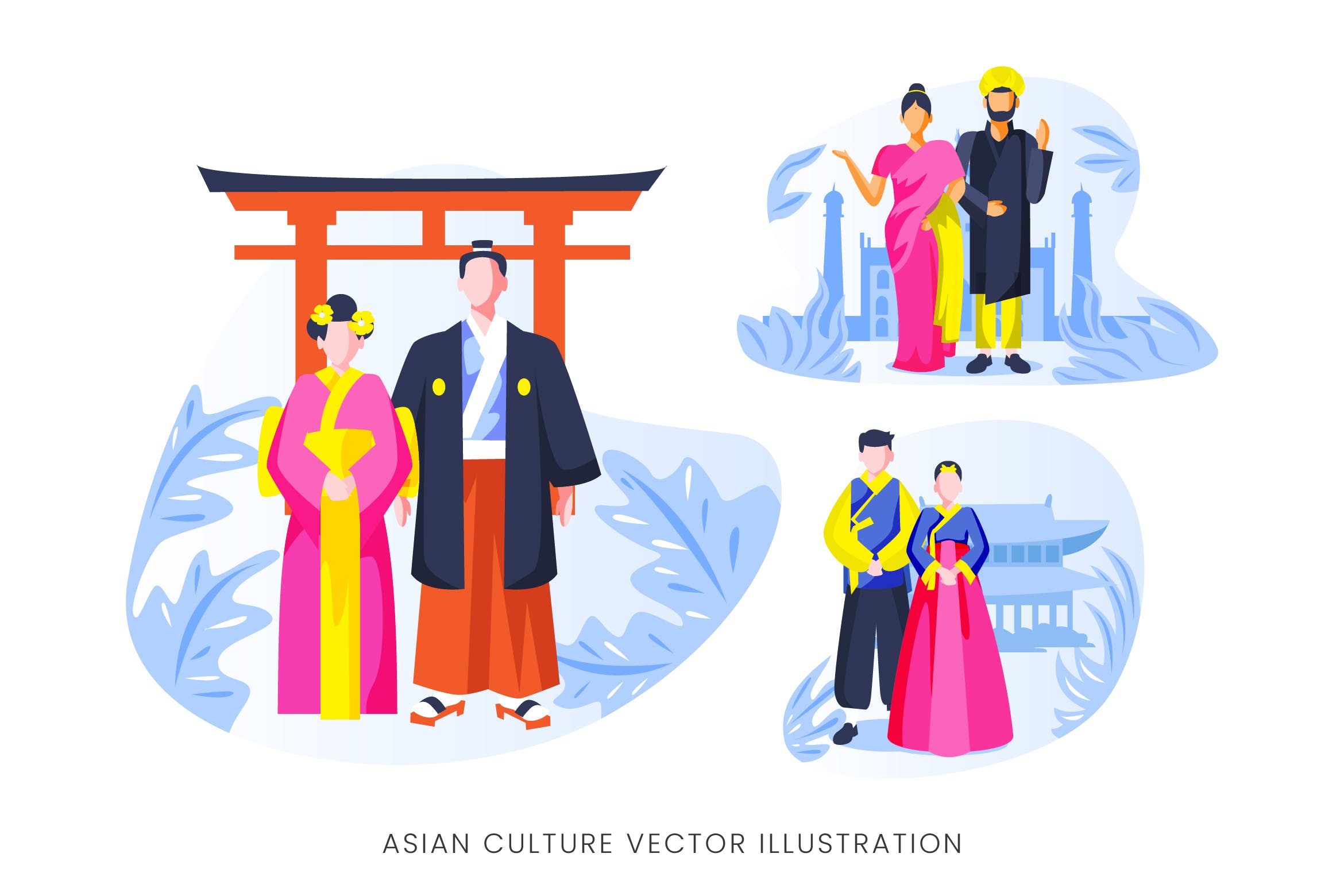亚洲文化人物形象素材库精选手绘插画矢量素材 Asian Culture Vector Character Set插图