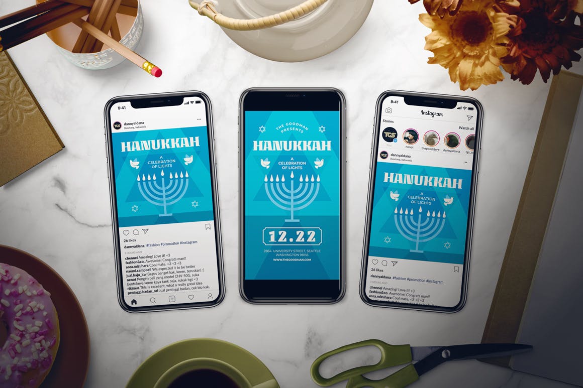 犹太教节日光明节海报传单素材库精选PSD模板 Hanukkah Flyer Set插图(2)