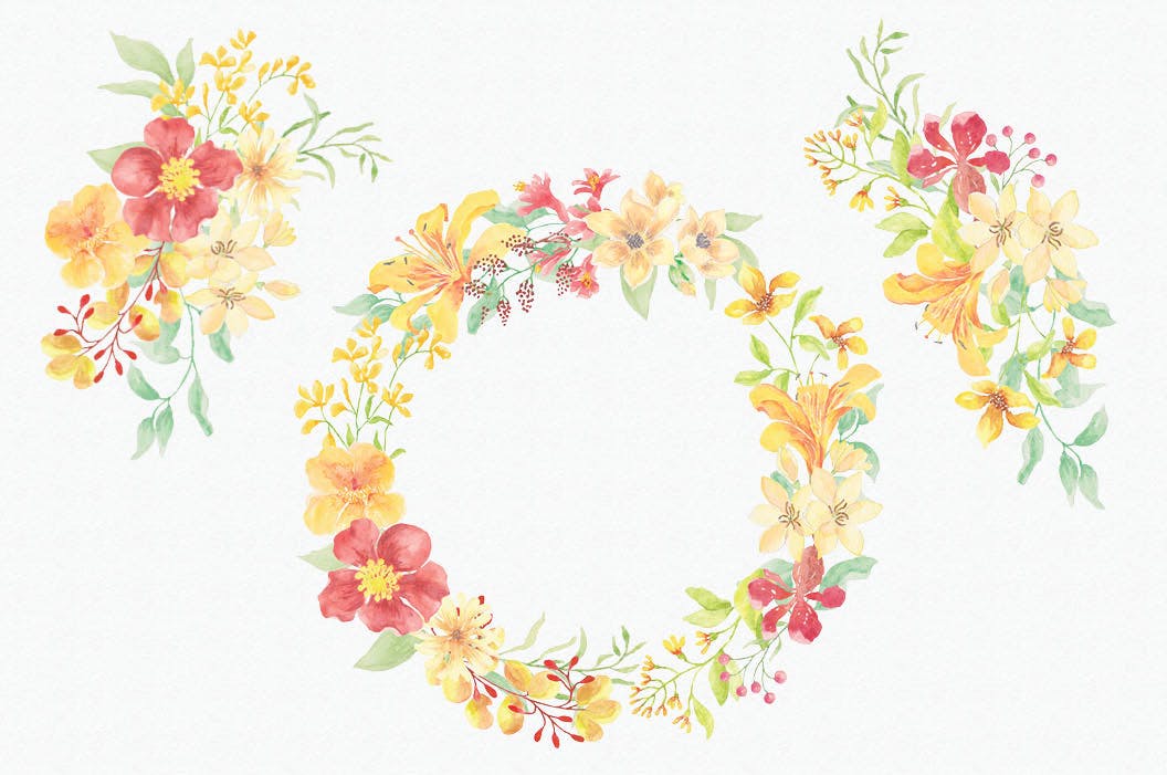 阳光明媚风格水彩花卉手绘图案剪贴画素材中国精选PNG素材 Sunny Flowers: Watercolor Clip Art Mini Bundle插图(2)