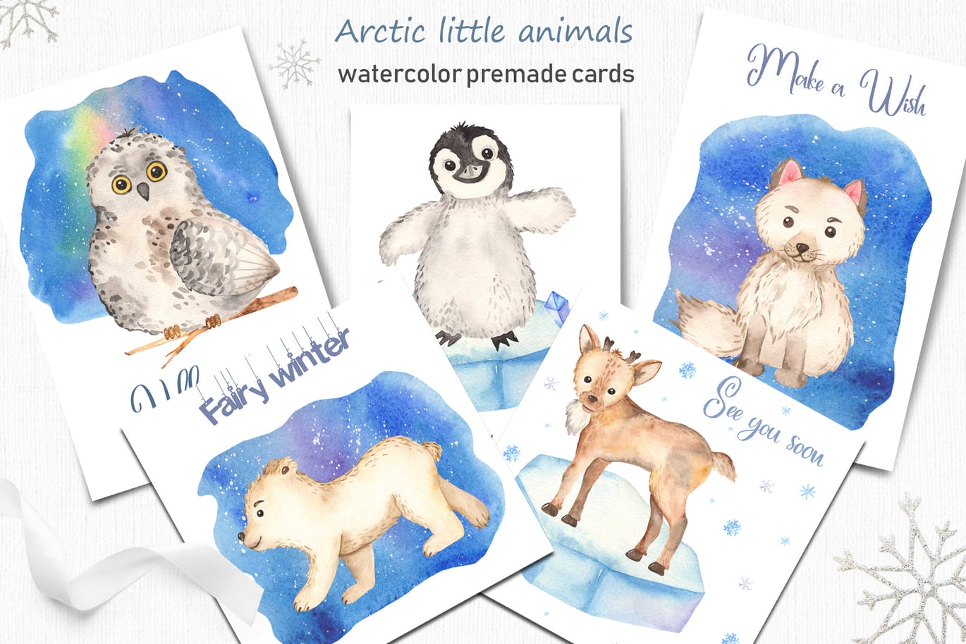 北极小动物水彩手绘剪贴画＆卡片素材 Watercolor Arctic little animals Clipart cards插图(5)