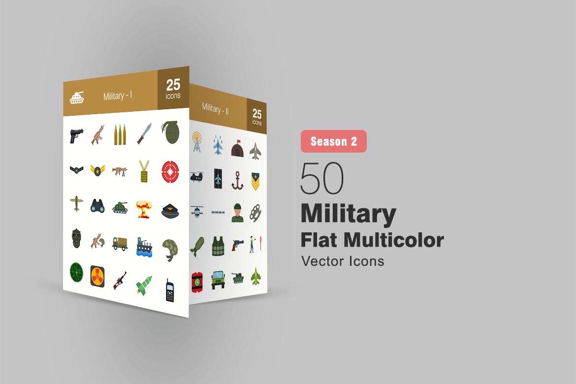 50枚军队装备主题扁平化多彩矢量非凡图库精选图标 II 50 Military Flat Multicolor Icons Season II插图