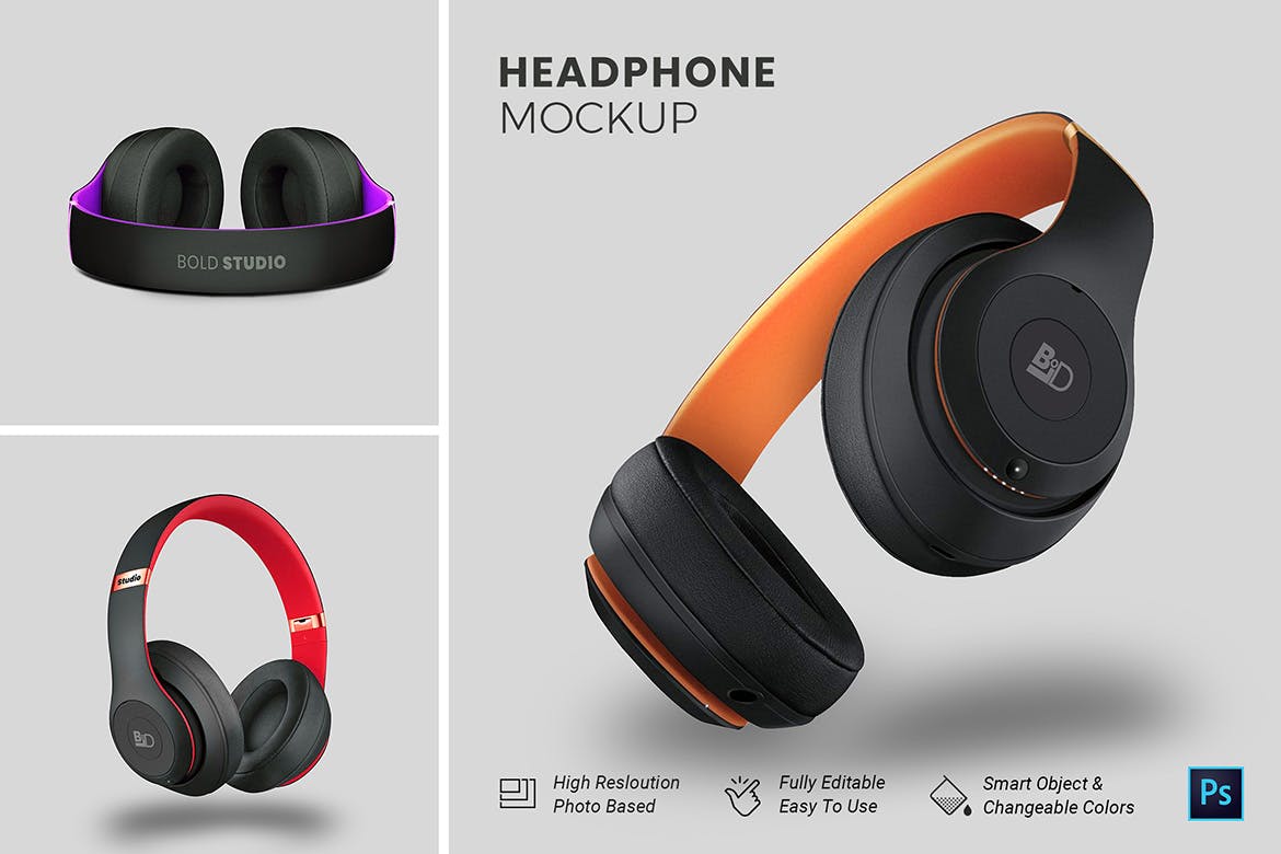 头戴式耳机设计效果图素材中国精选样机模板 HeadPhone Mockup插图(1)