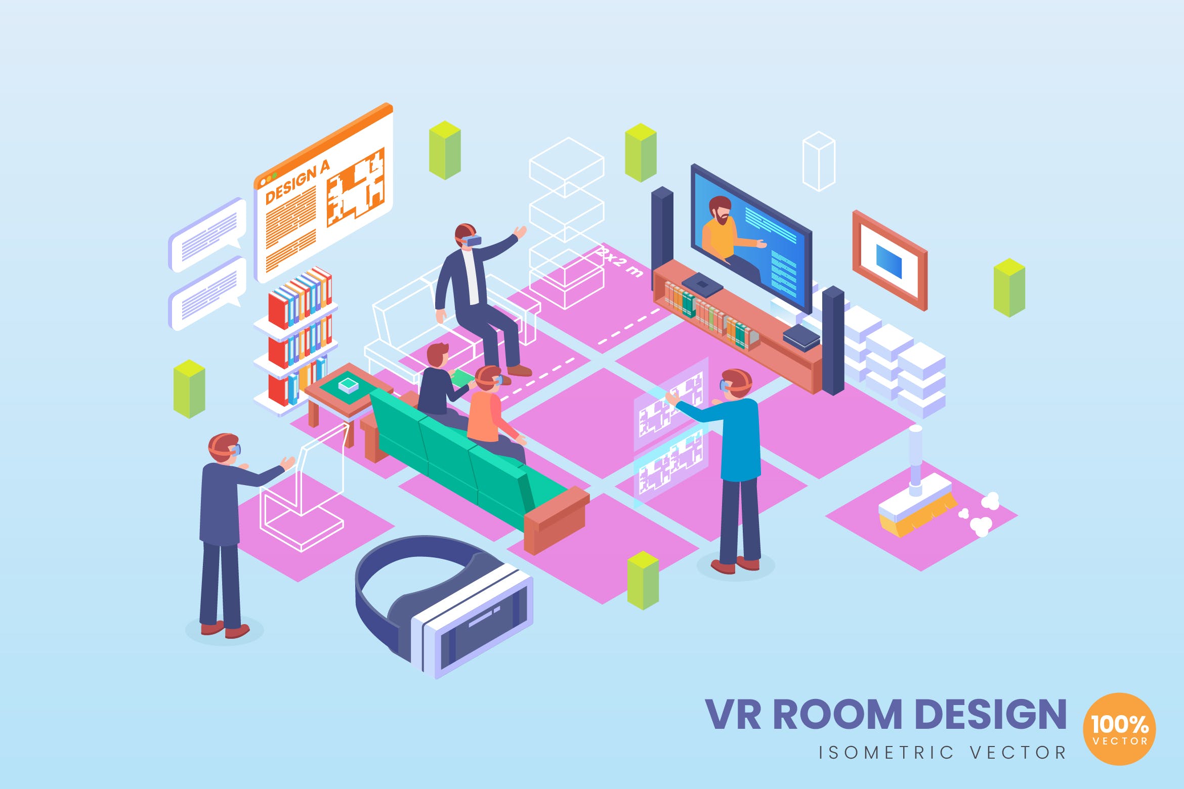 VR虚拟现实房间设计等距矢量科技素材库精选概念插画v2 Isometric VR Room Design Vector Concept 2插图
