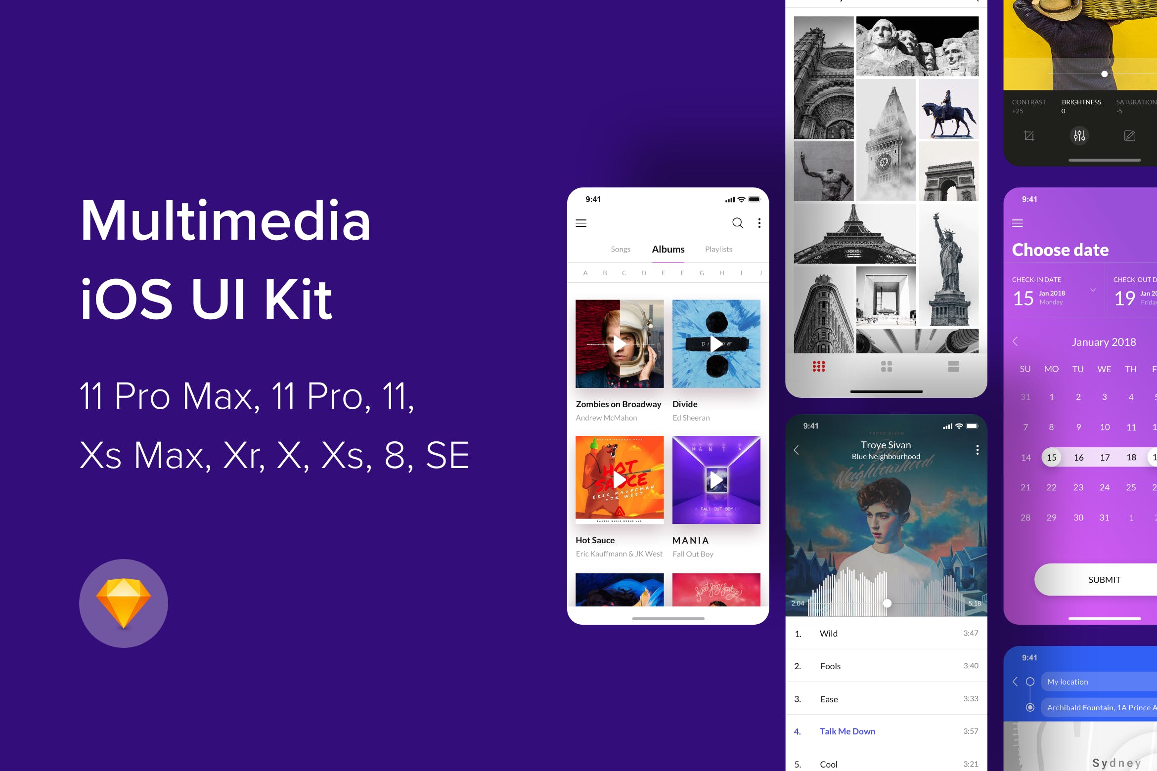 iOS平台多媒体娱乐APP应用UI设计SKETCH模板 Multimedia iOS UI Kit (Sketch)插图