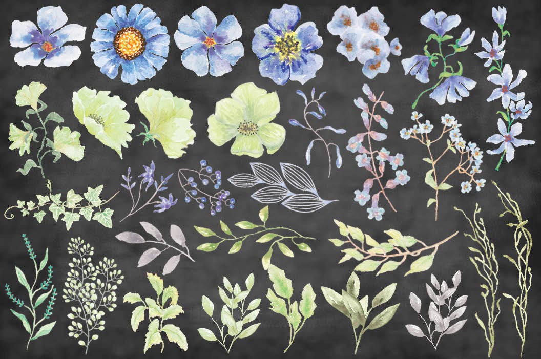 忧郁蓝水彩手绘花卉非凡图库精选设计素材 “Moody Blue” Watercolor Bundle插图(7)