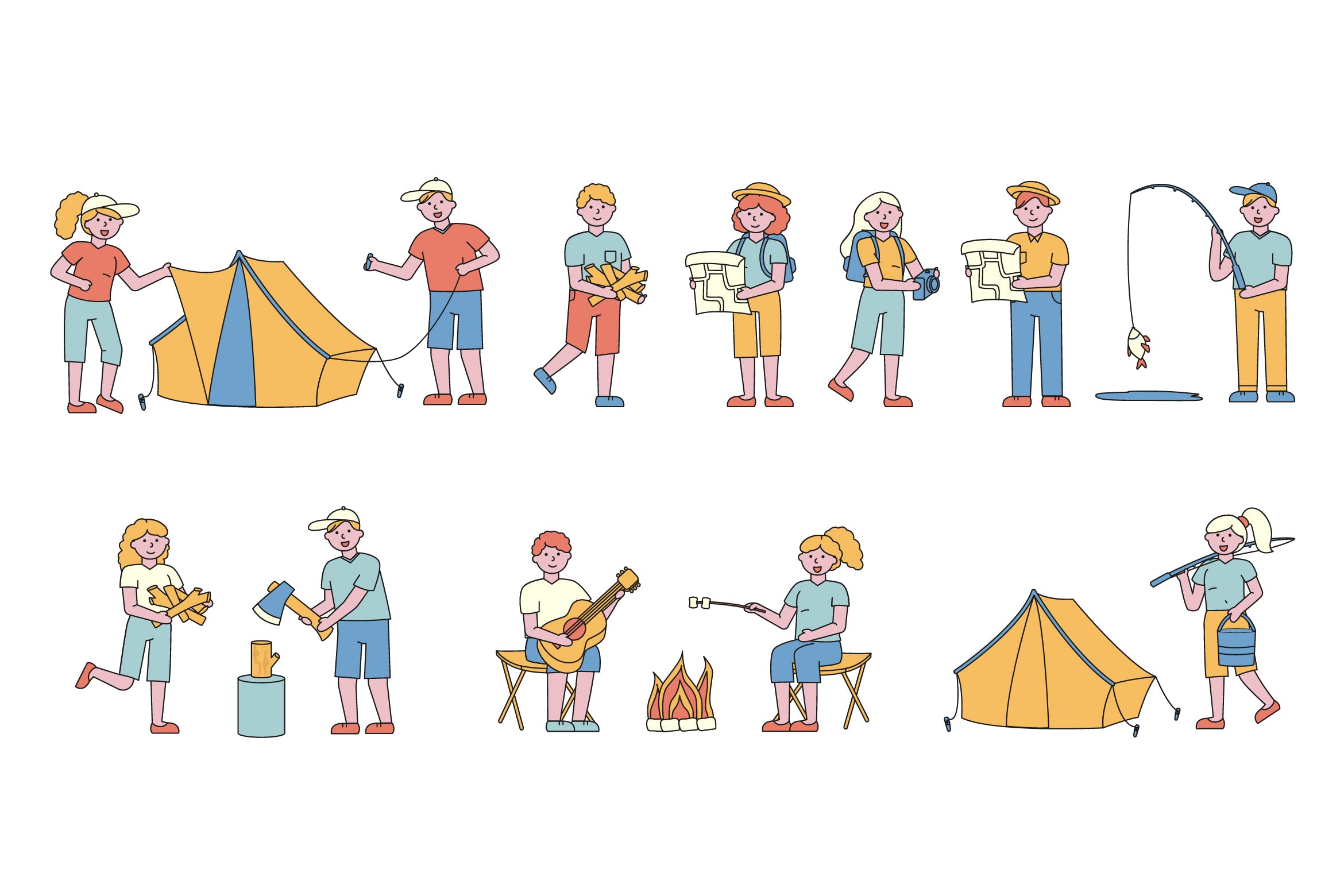 野营户外运动主题人物形象线条艺术矢量插画普贤居精选素材 Campers Lineart People Character Collection插图