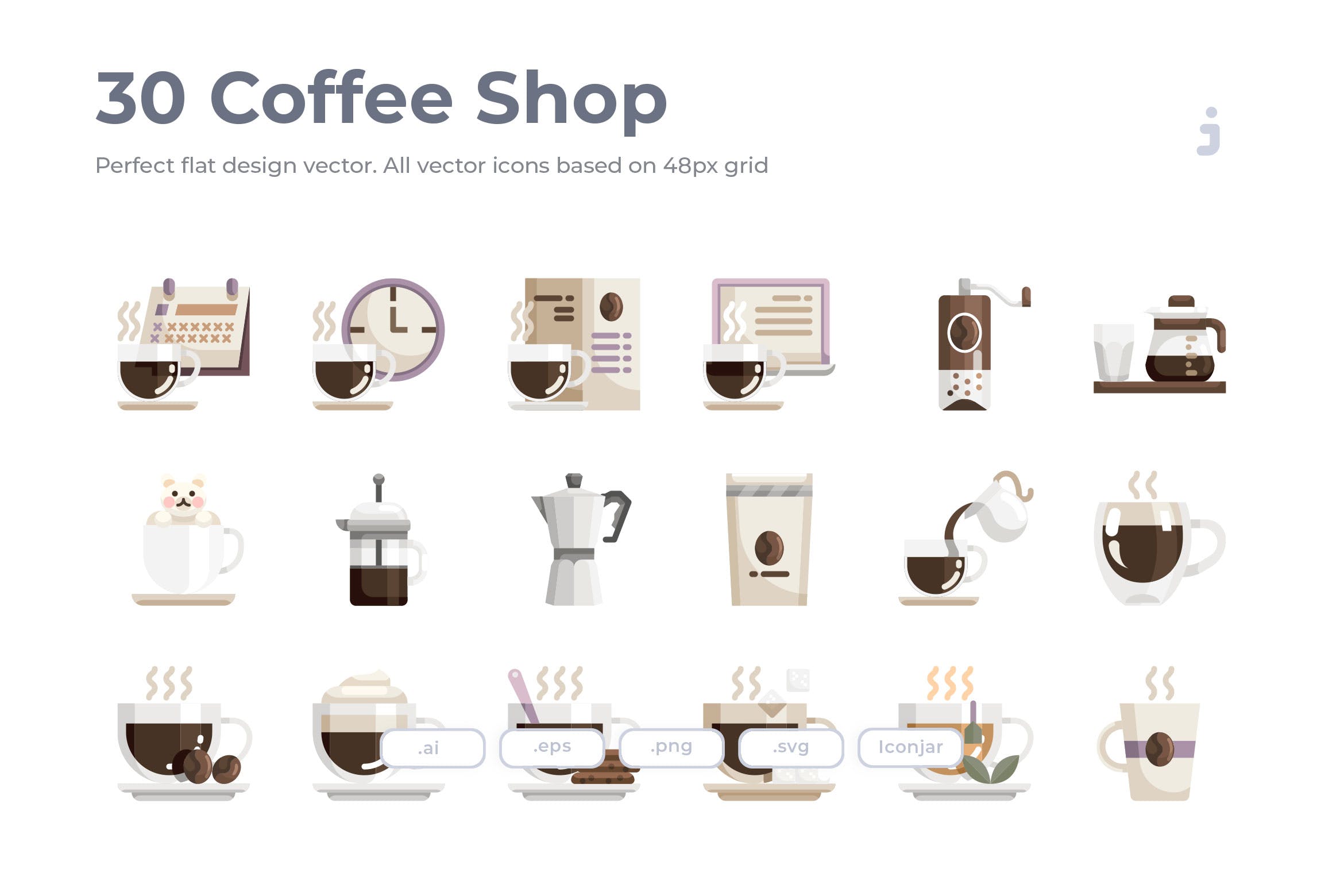30枚咖啡/咖啡店扁平设计风格矢量素材库精选图标素材 30 Coffee Shop Icons – Flat插图