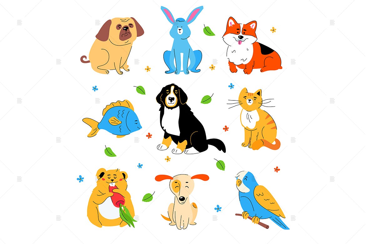 可爱卡通动物扁平设计风格矢量插画素材库精选 Cute pets – flat design style set of characters插图