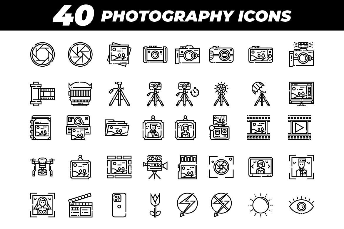 40枚摄像摄影主题矢量线性亿图网易图库精选图标 40 Photography Icons插图(1)