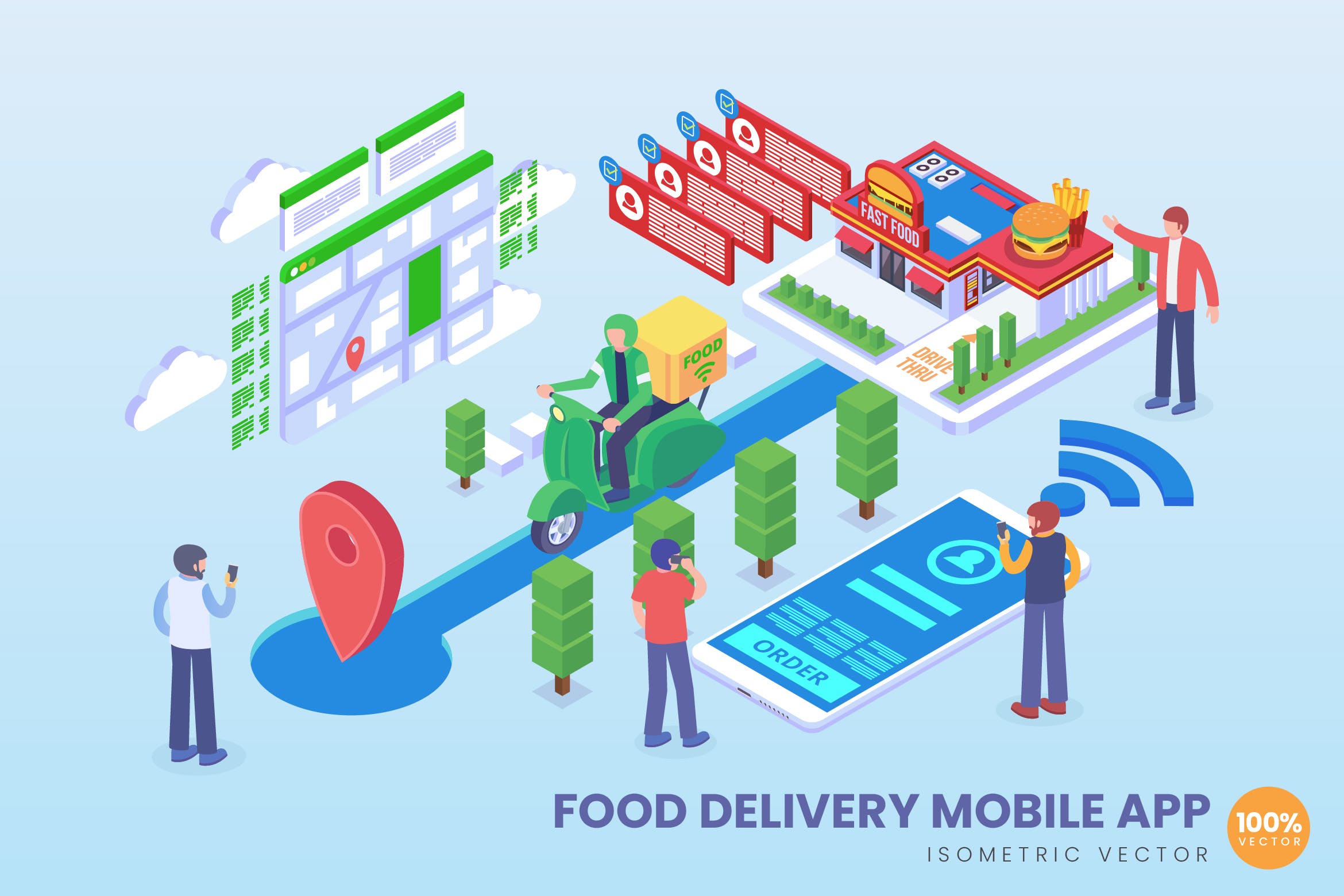 新型快餐配送技术等距矢量科技16设计网精选概念插画v2 Isometric Food Delivery Vector Concept插图