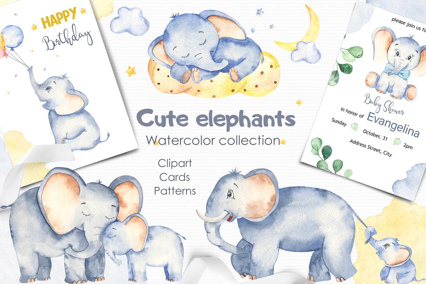 可爱卡通小象水彩手绘剪贴画＆卡片素材 Watercolor cute elephants. Clipart and cards插图