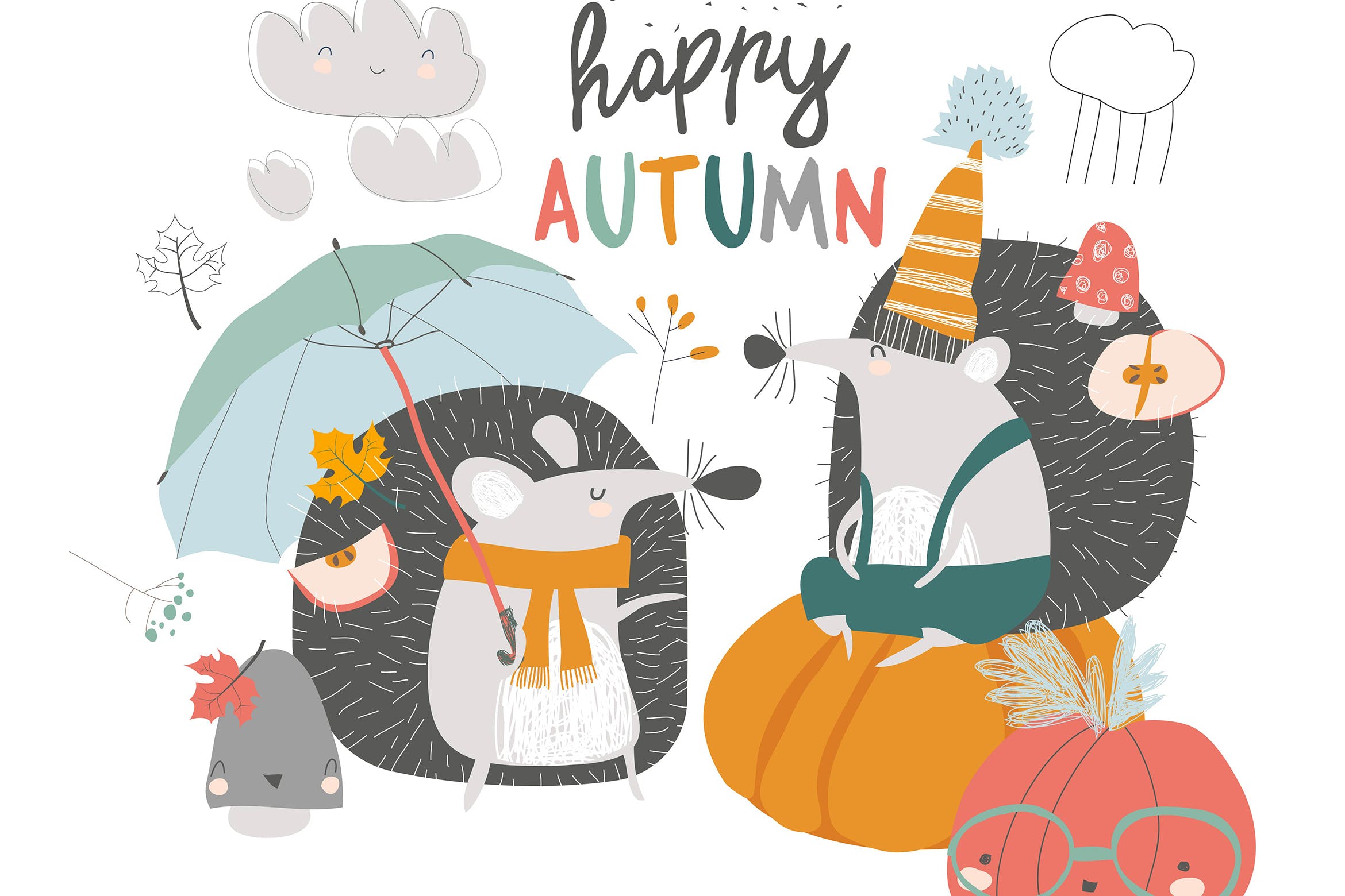 可爱秋日刺猬&南瓜手绘矢量插画素材库精选设计素材 Cute autumn Hedgehogs with umbrella and pumpkins.插图