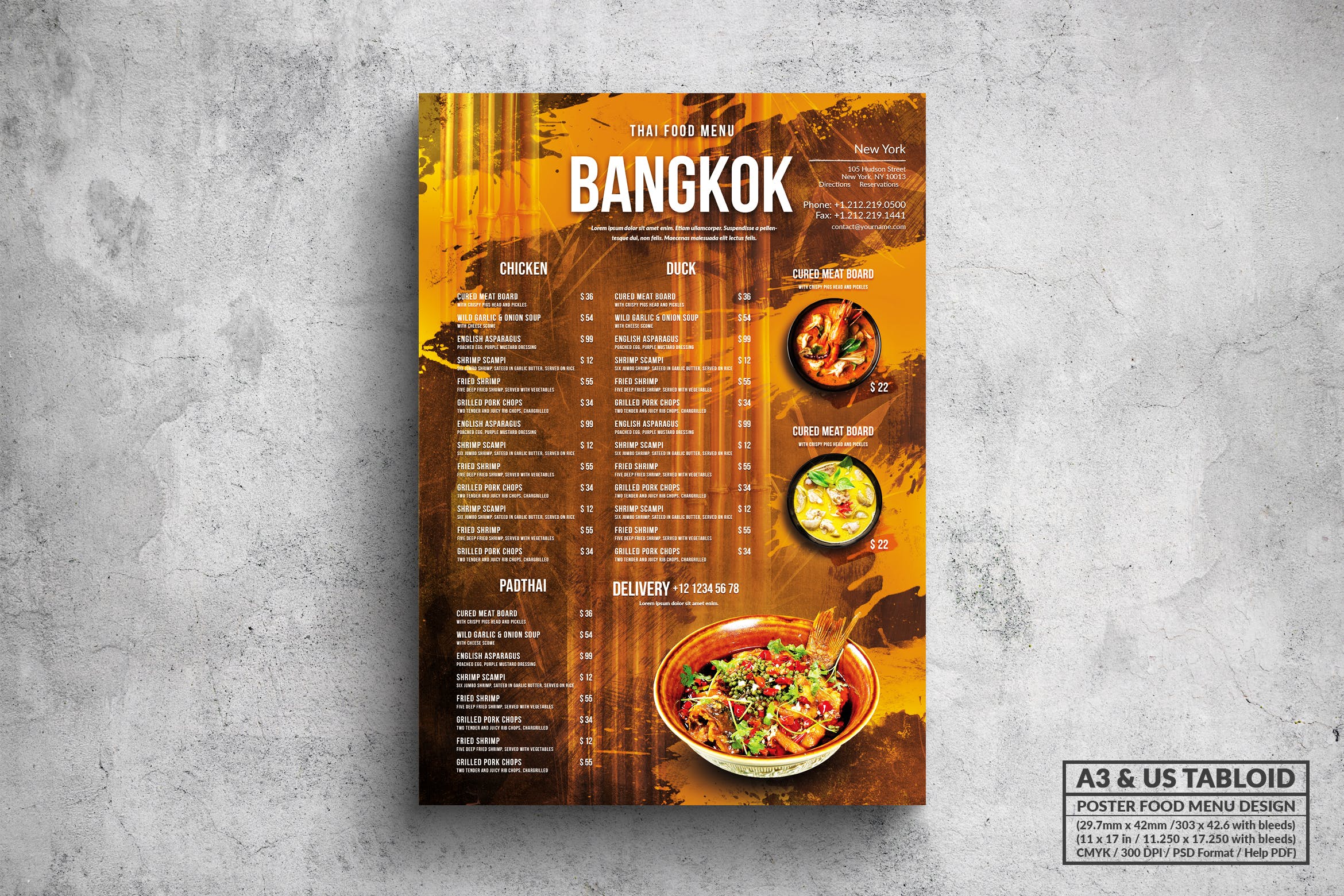 泰国菜餐厅菜单海报PSD素材非凡图库精选模板 Bangkok Thai Food Menu – A3 & US Tabloid Poster插图