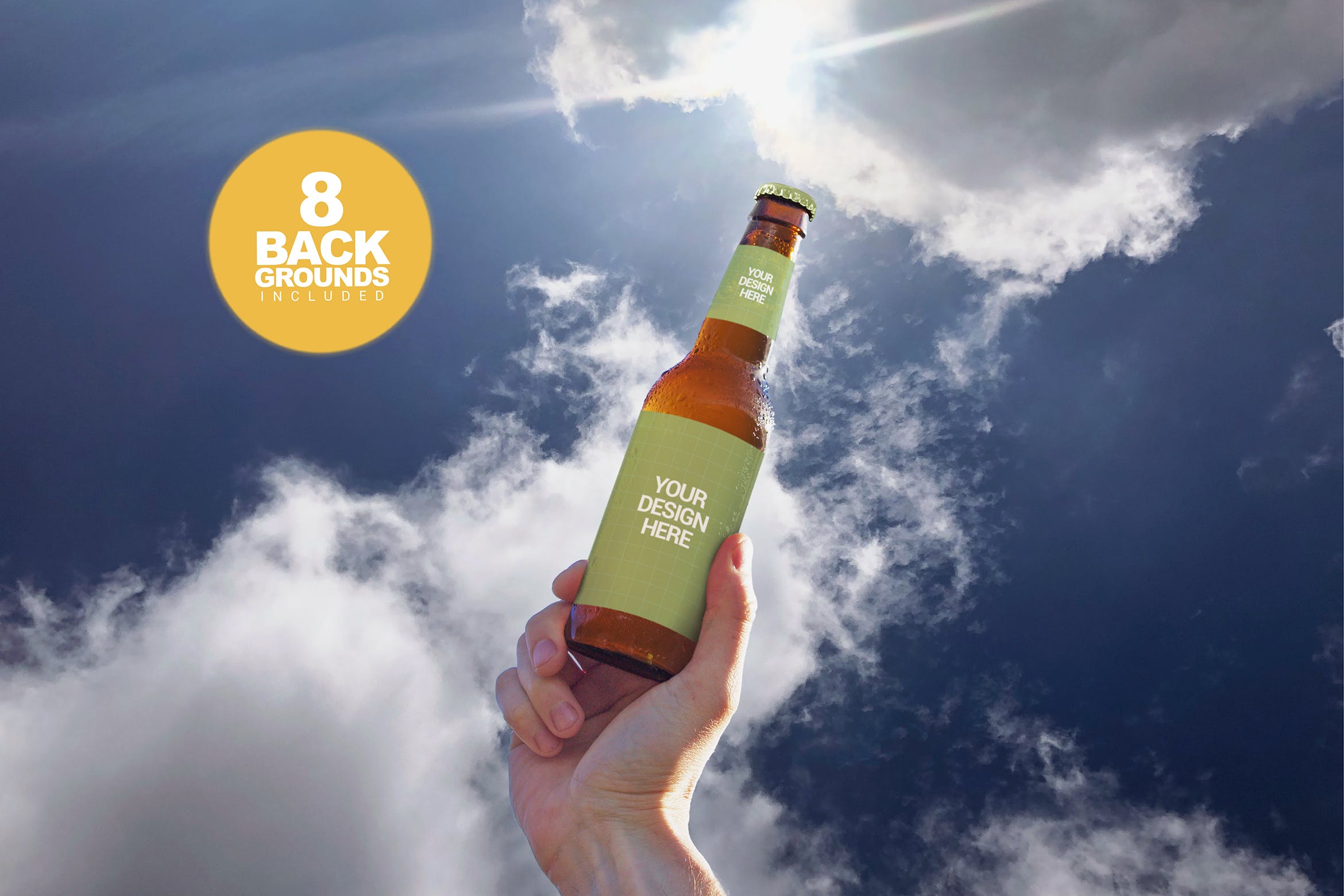 天空背景啤酒瓶外观设计图普贤居精选 Sky Backgrounds Beer Mockup插图