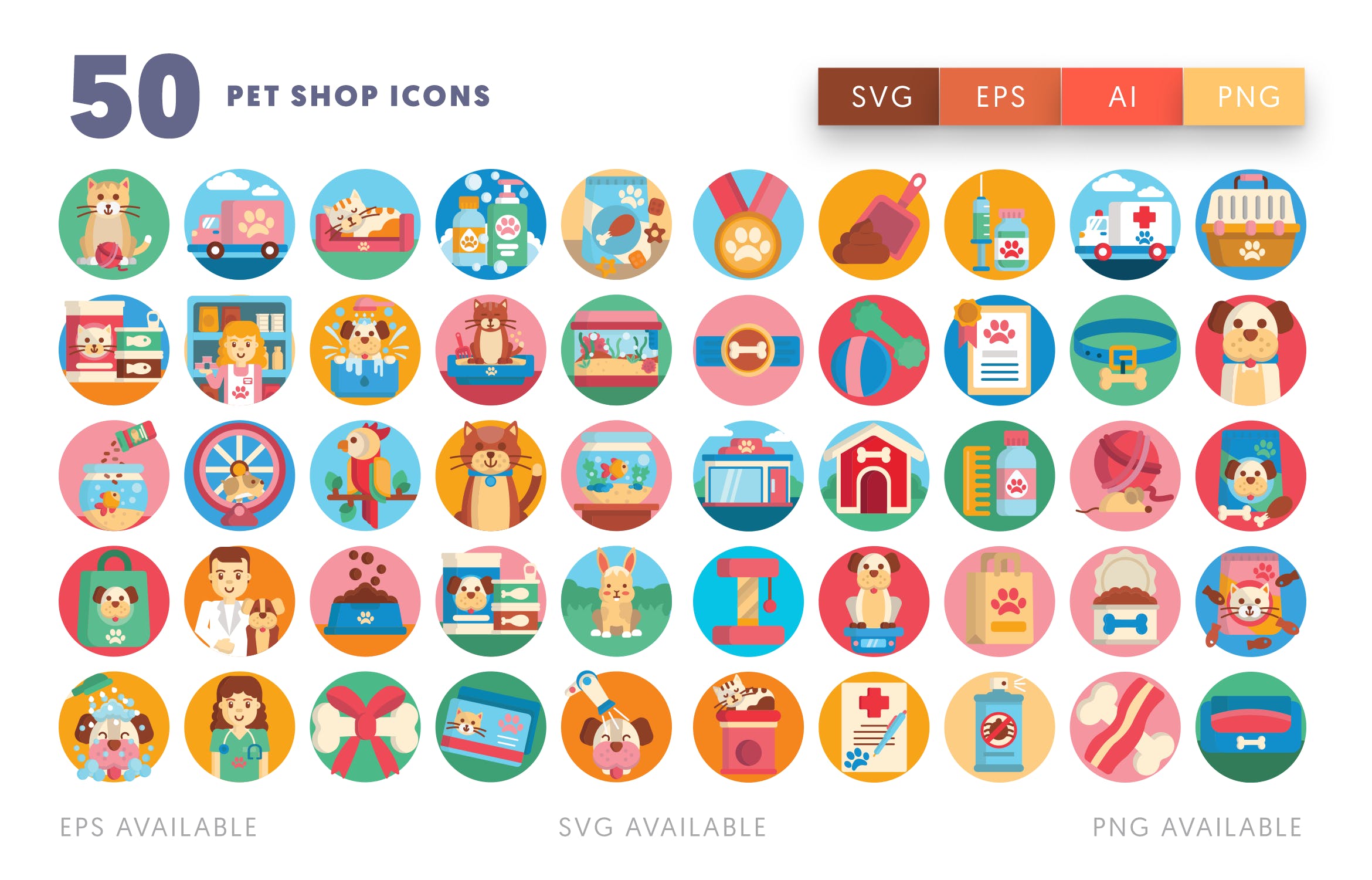 50枚宠物主题矢量圆形非凡图库精选图标 Pet Shop Icons插图(1)