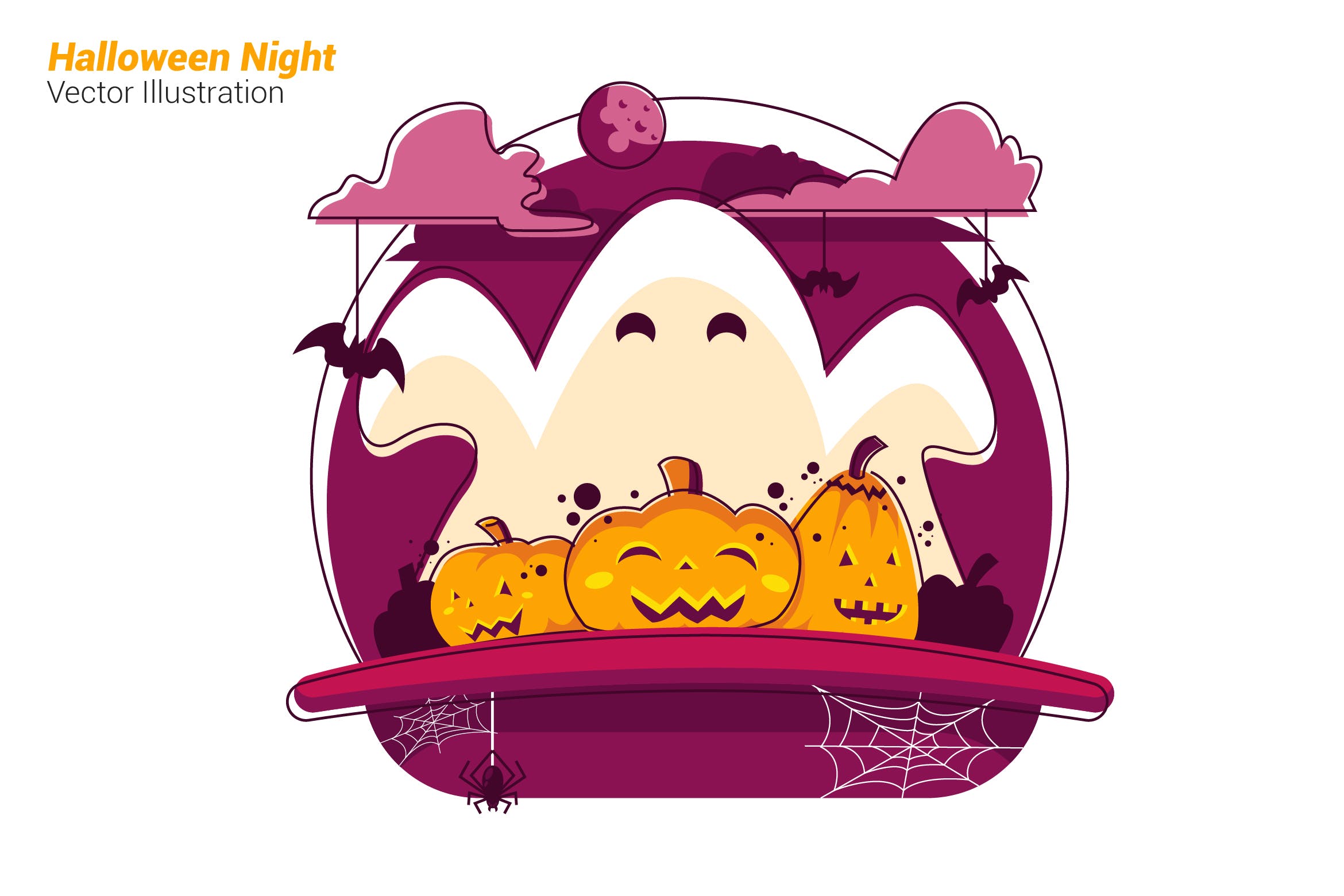 万圣节之夜场景矢量插画16设计网精选素材 Halloween Night – Vector Illustration插图