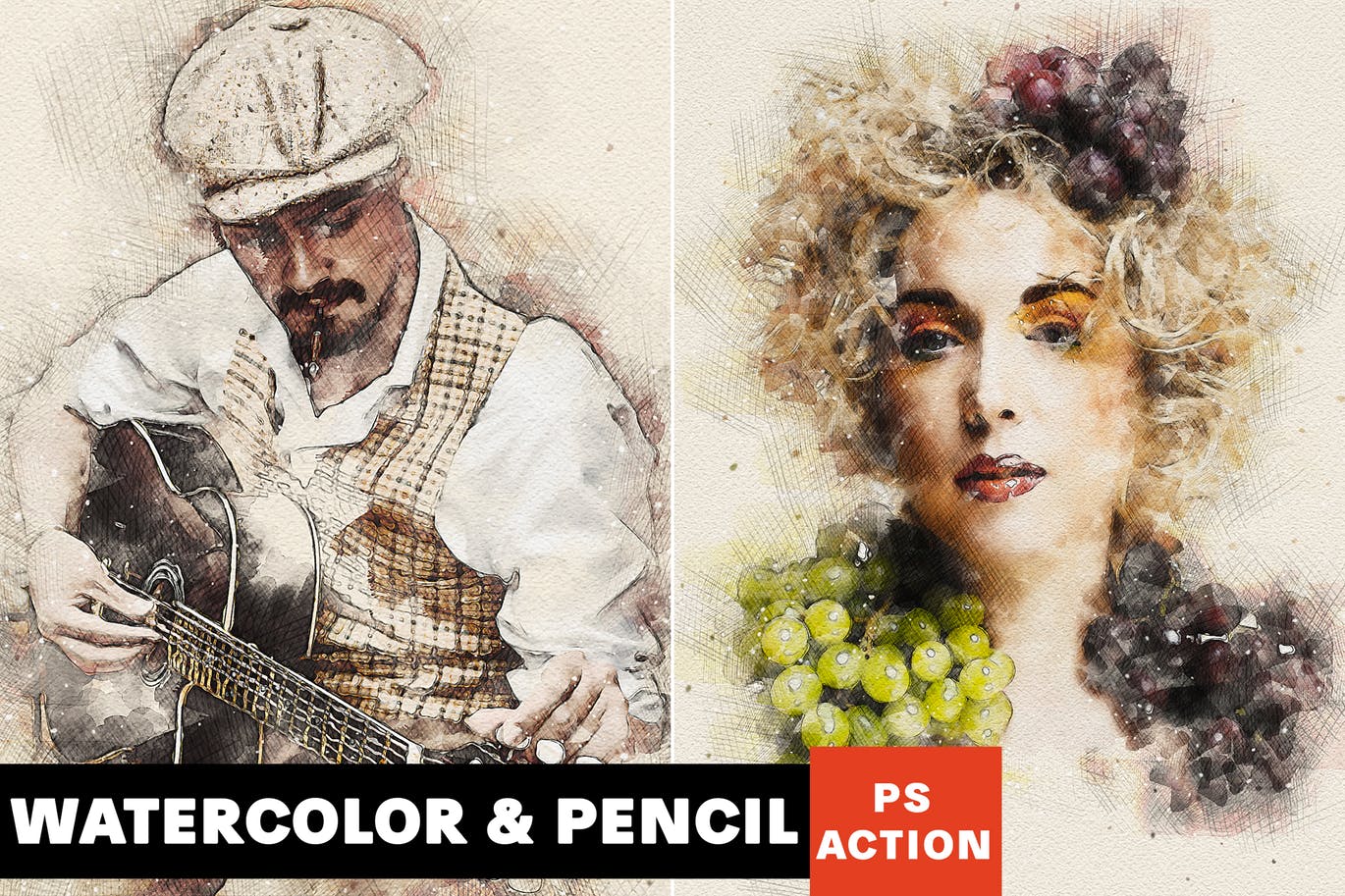 水彩/铅笔阴影素描艺术效果16图库精选PS动作 Watercolor & Pencil Photoshop Action插图