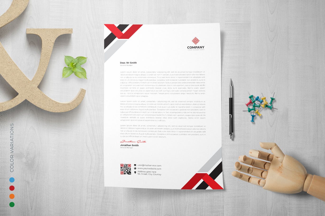 三色搭配企业信纸排版设计模板 Letterhead插图