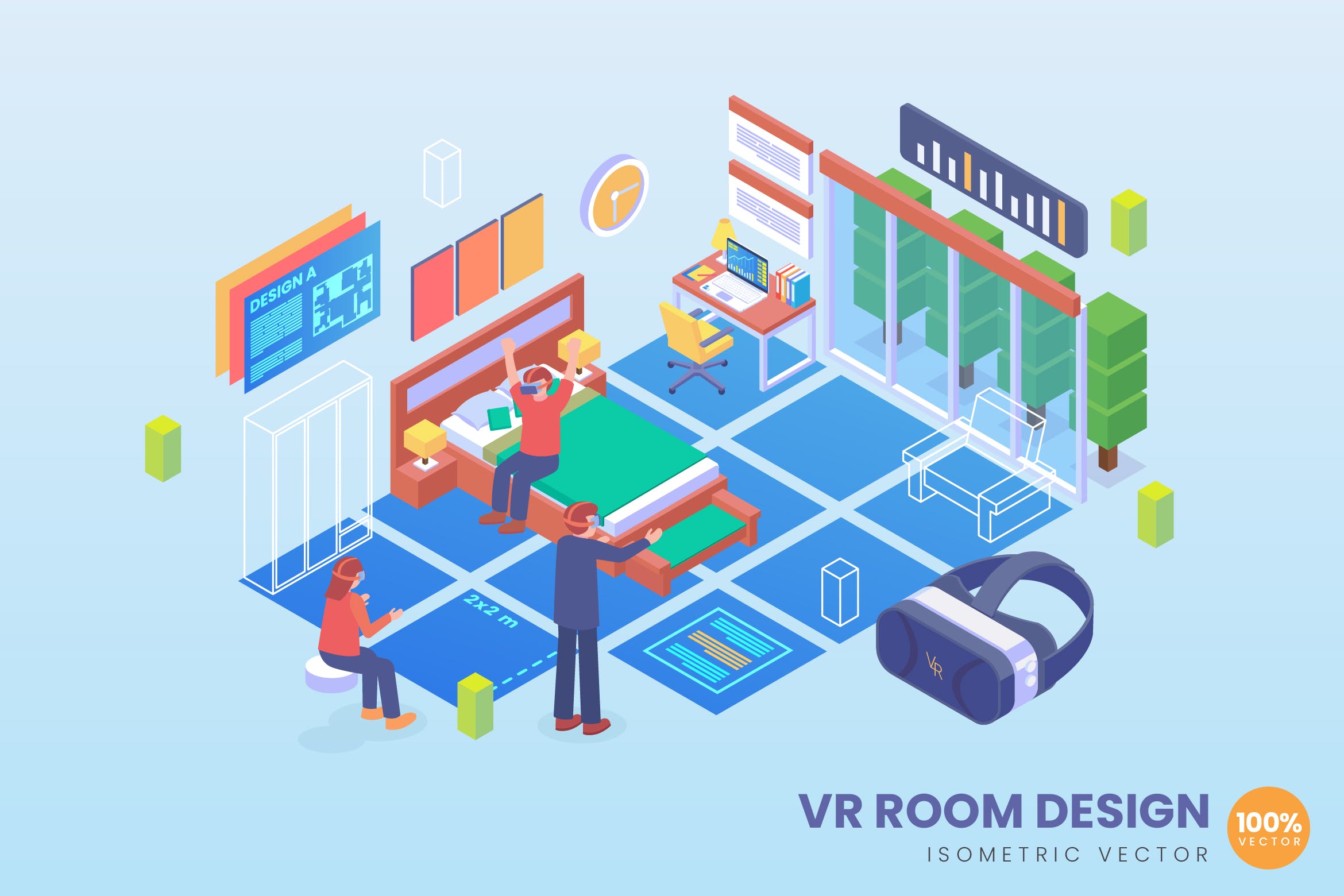 VR虚拟现实房间设计等距矢量科技素材库精选概念插画v1 Isometric VR Room Design Vector Concept插图