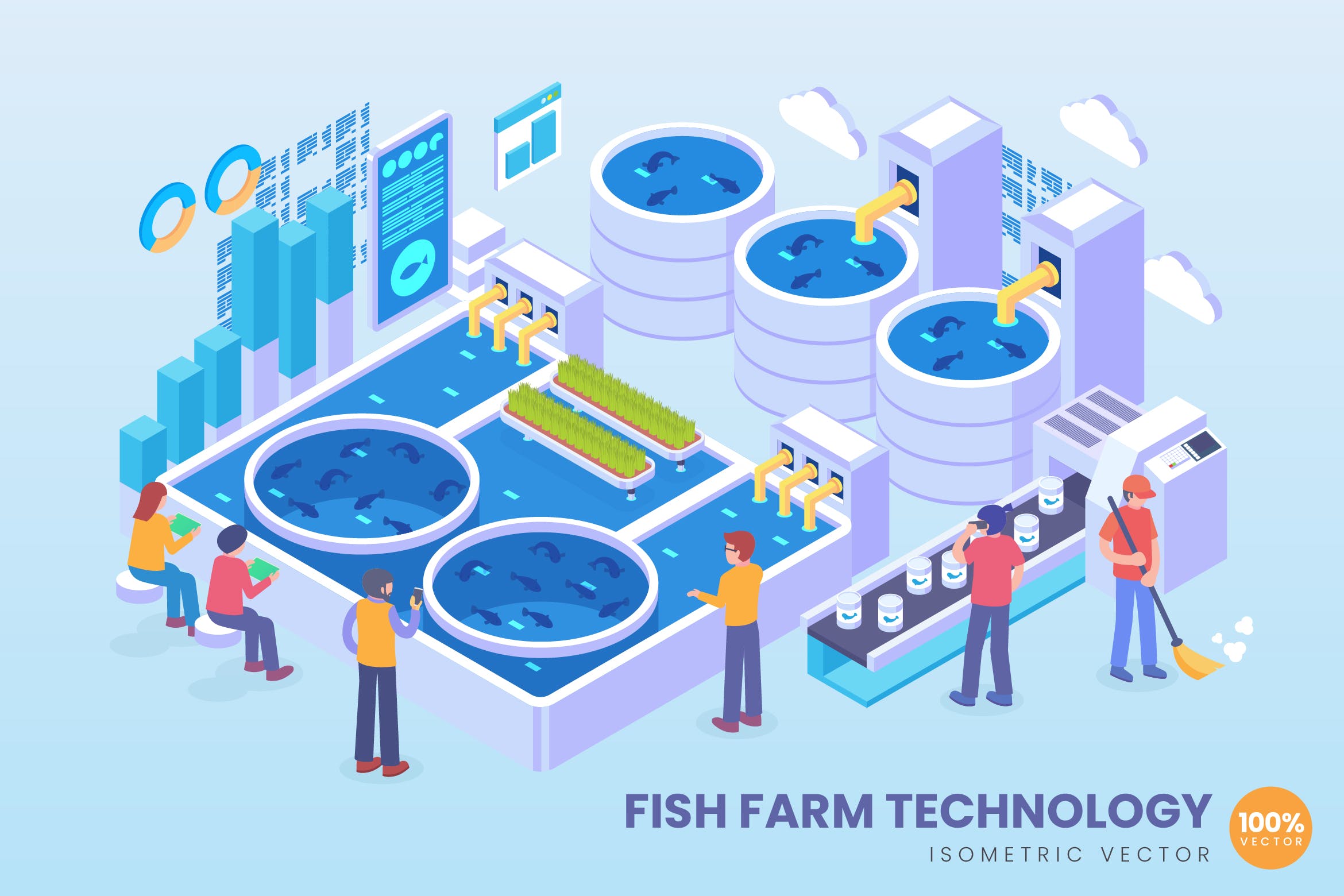 现代化养鱼技术等距矢量素材库精选概念插画素材 Isometric Fish Farm Technology Vector Concept插图