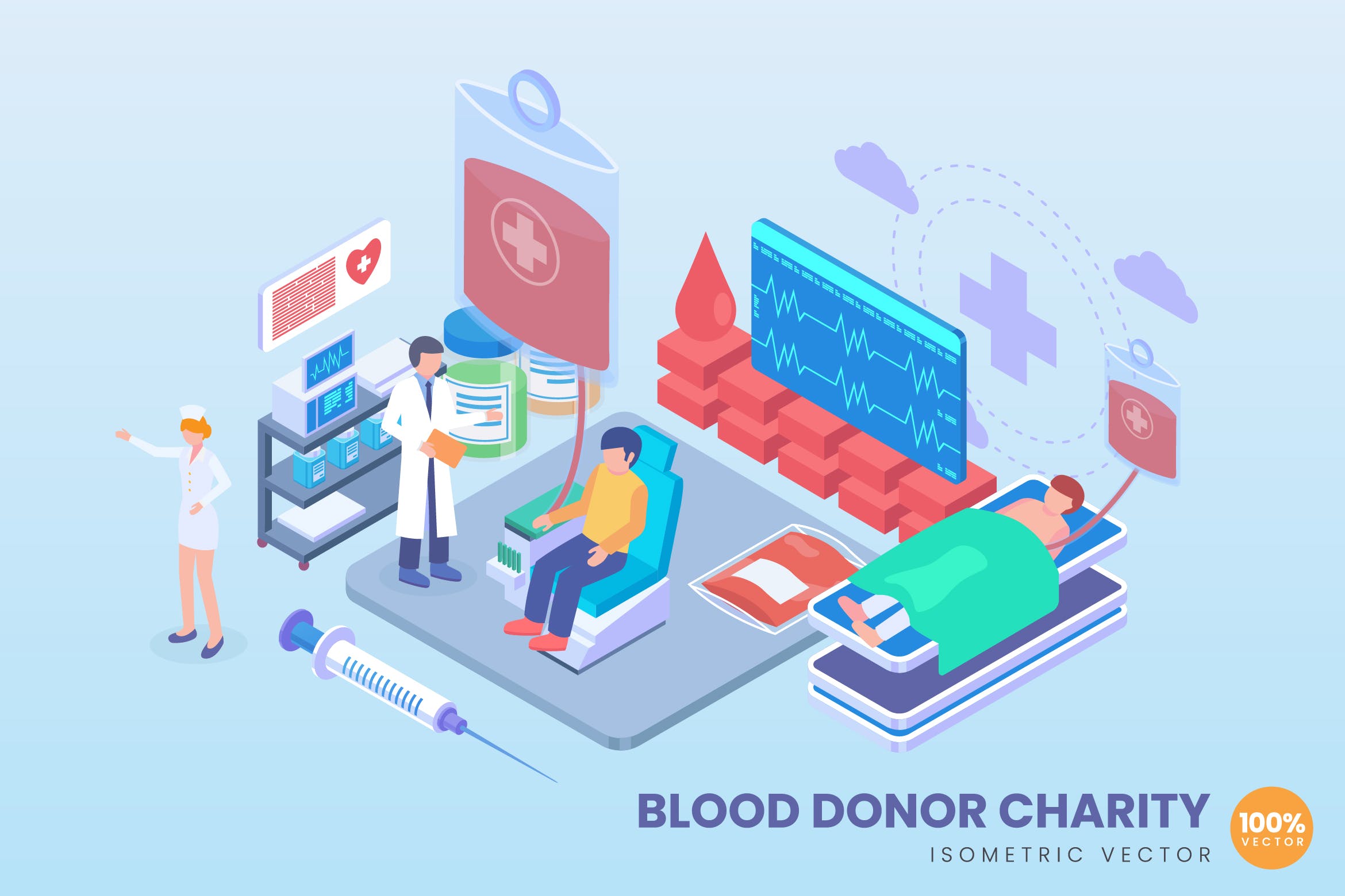 红十字会献血中心等距矢量素材库精选概念插画 Isometric Blood Donor Charity Vector Concept插图
