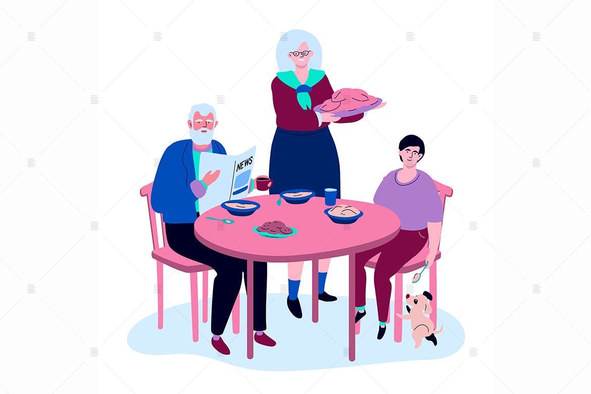 家庭聚餐-扁平设计风格矢量插画素材库精选素材 Family having dinner – flat design illustration插图