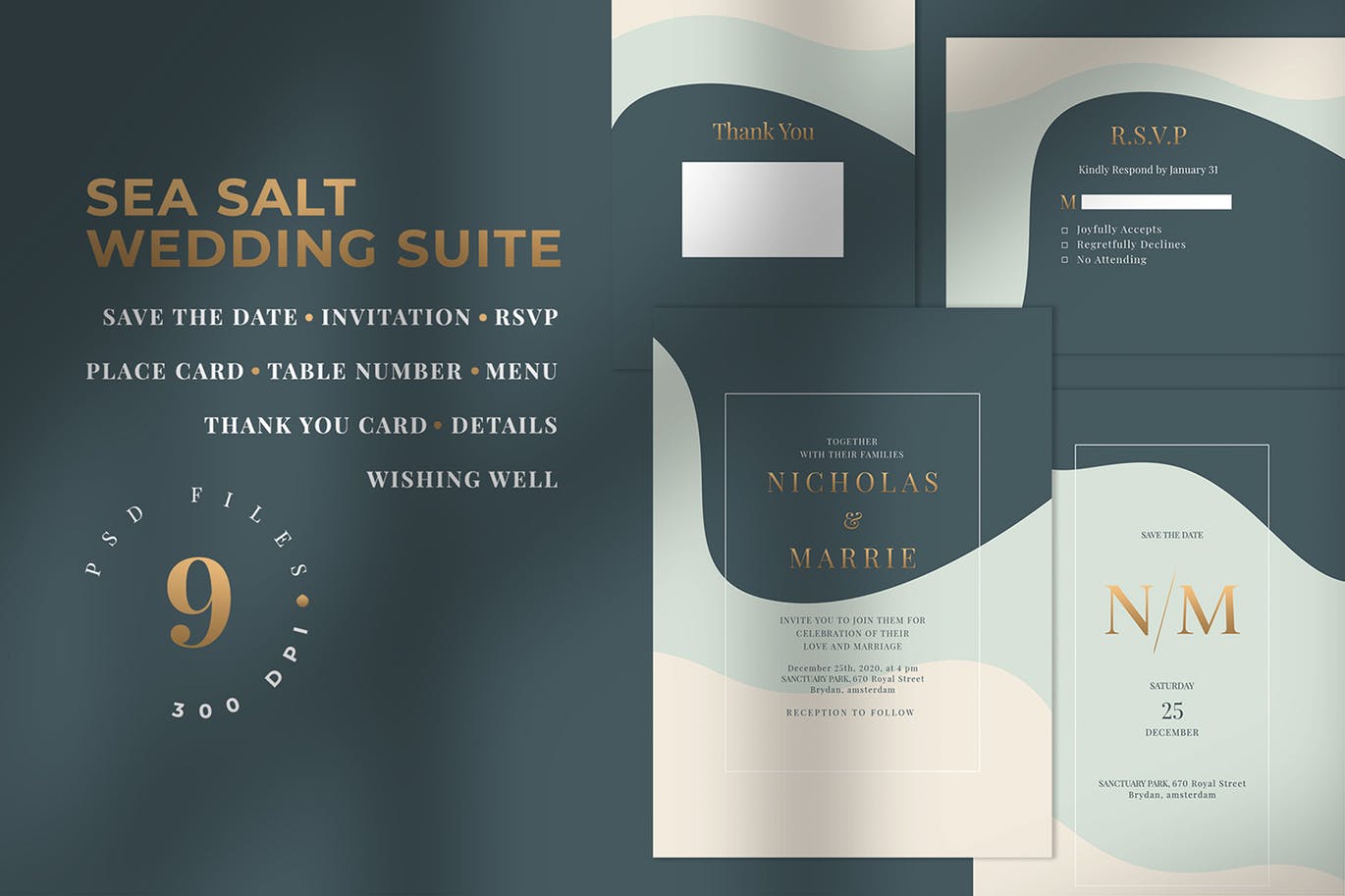 三色背景婚礼邀请设计素材包 SEA SALT – Wedding Invitation Suite插图(1)