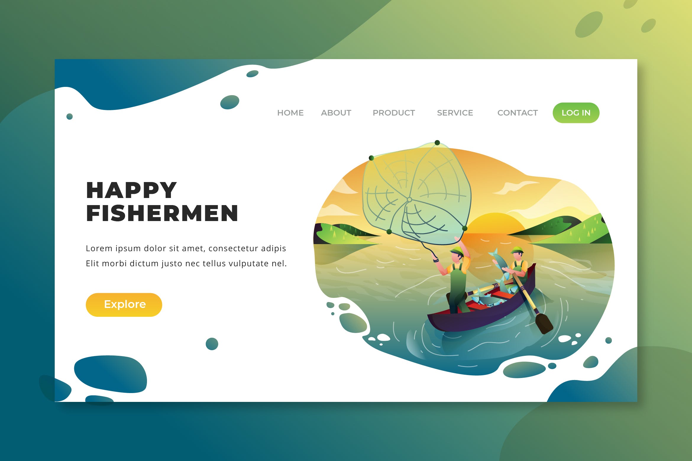 快乐渔夫主题插画网站着陆页设计PSD&AI模板 Happy Fishermen – PSD and AI Vector Landing Page插图