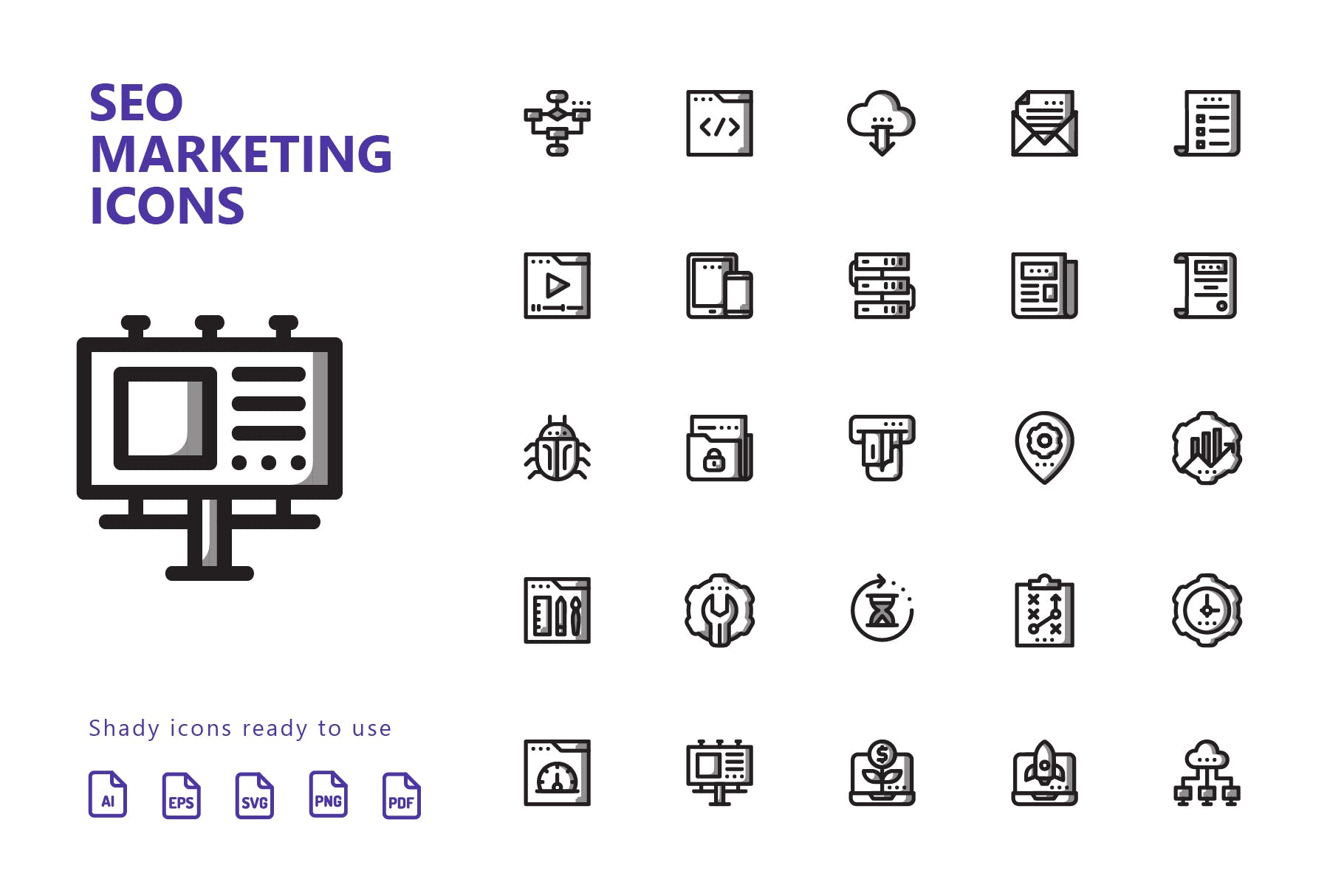 25枚SEO搜索引擎优化营销矢量阴影16设计素材网精选图标v1 SEO Marketing Shady Icons插图(1)