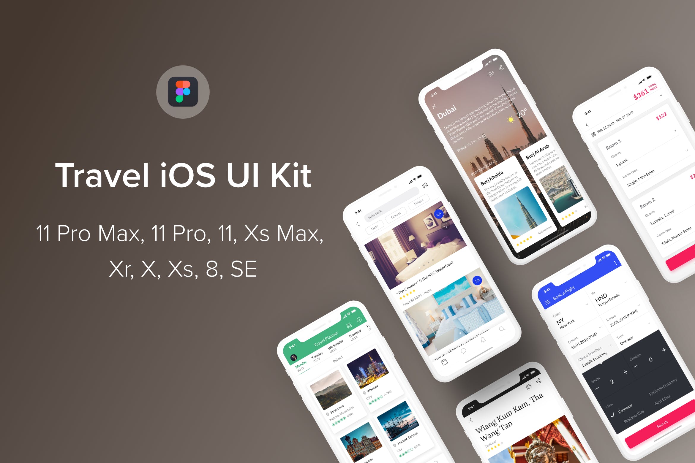 旅游主题iOS应用UI设计普贤居精选套件Figma模板 Travel iOS UI Kit (Figma)插图