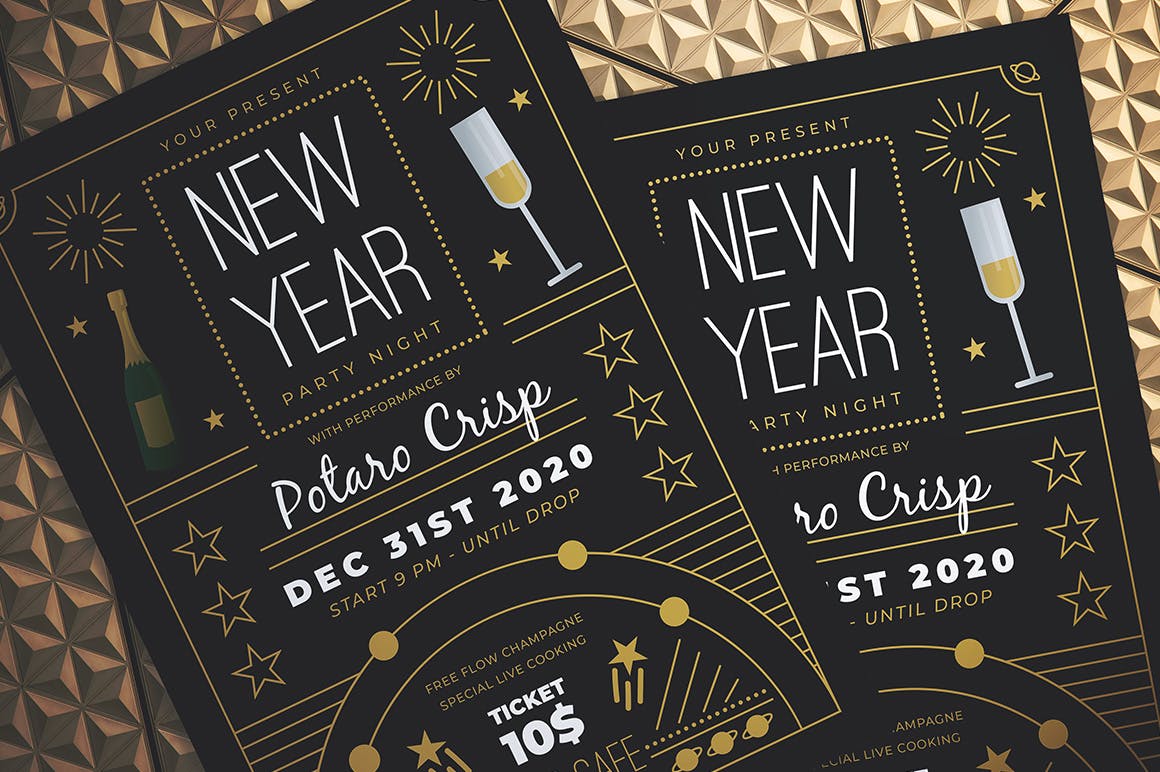 复古设计风格新年晚会海报传单素材库精选PSD模板 New Year Party Night Flyer插图(1)