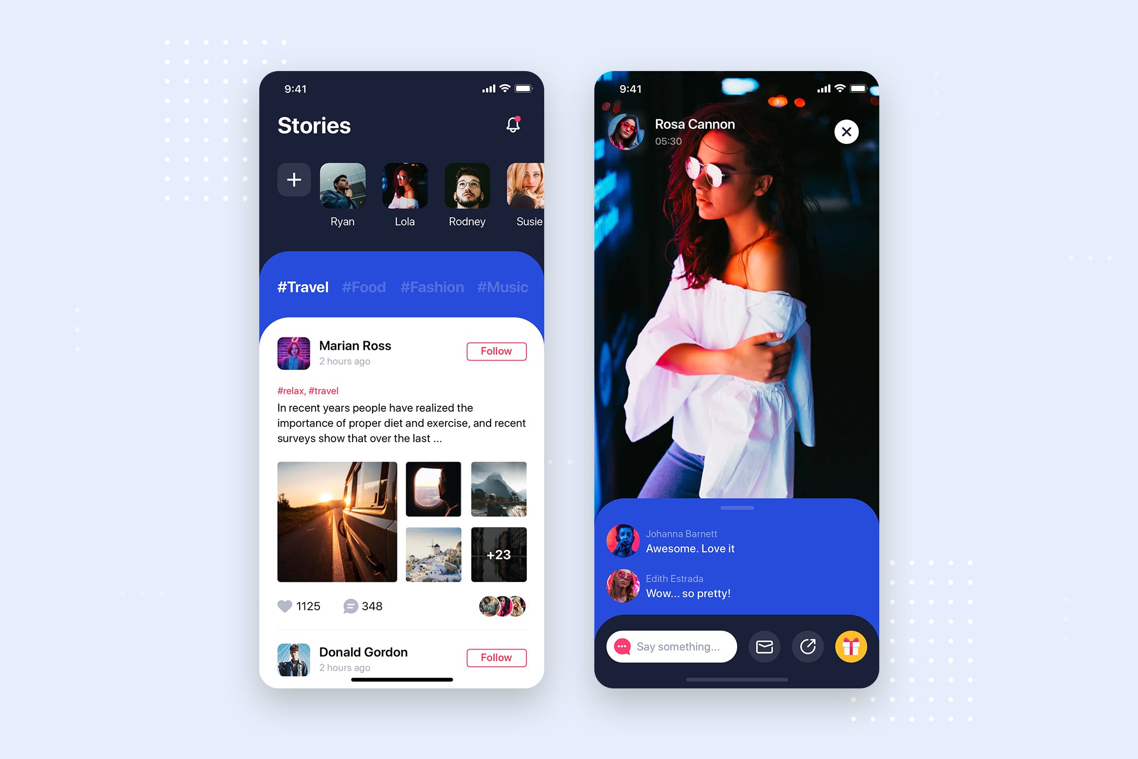 社交APP应用频道列表&详情界面设计16设计网精选模板 Social Stories Mobile App UI Kit Template插图
