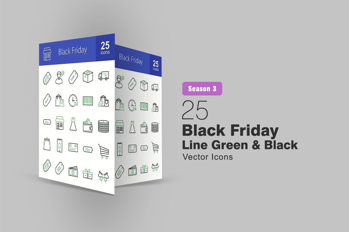25枚黑色星期五主题绿黑色矢量线性亿图网易图库精选图标 25 Black Friday Line Green & Black Icons插图