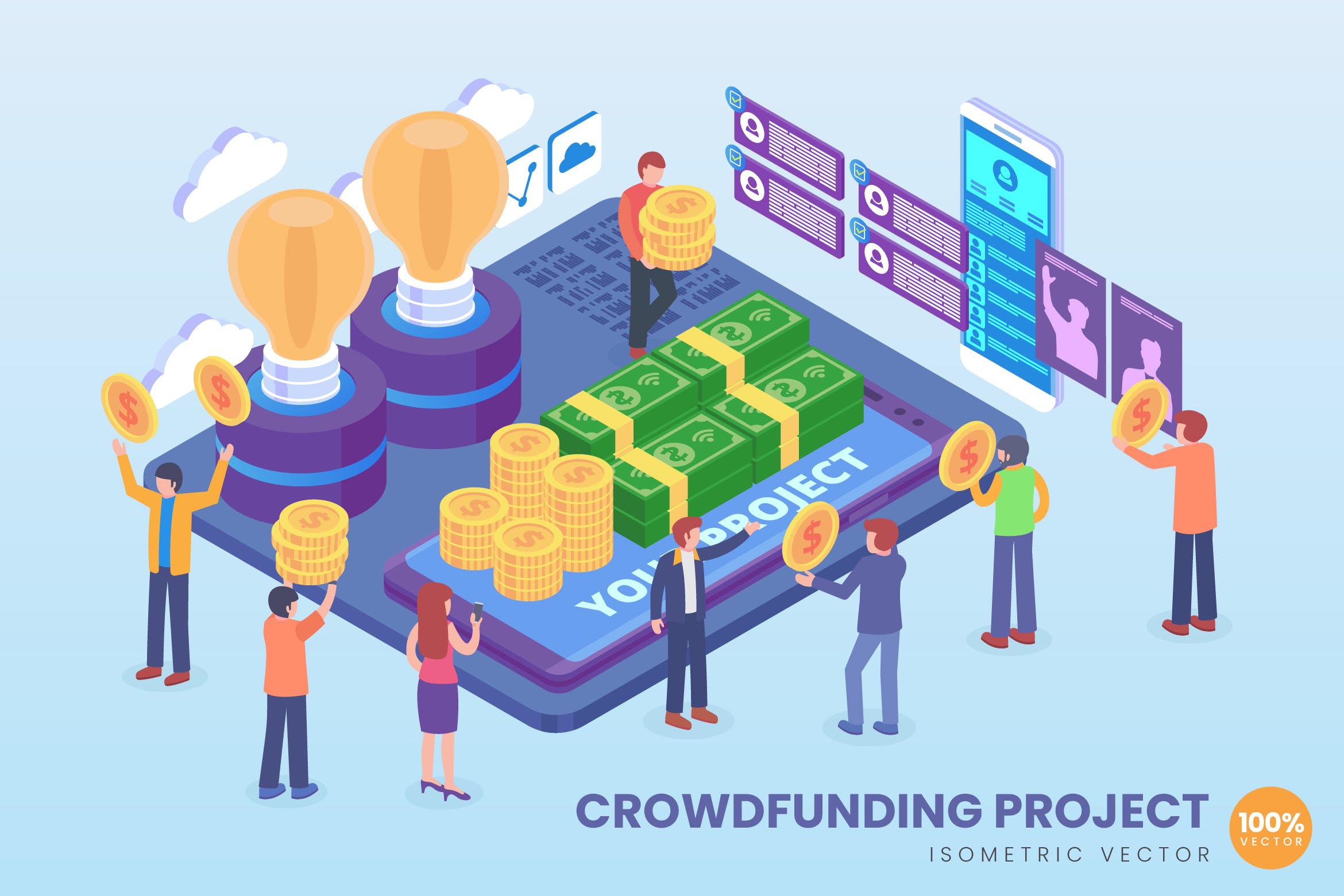 众筹项目主题等距矢量16图库精选科技概念插画 Isometric Crowdfunding Project Vector Concept插图