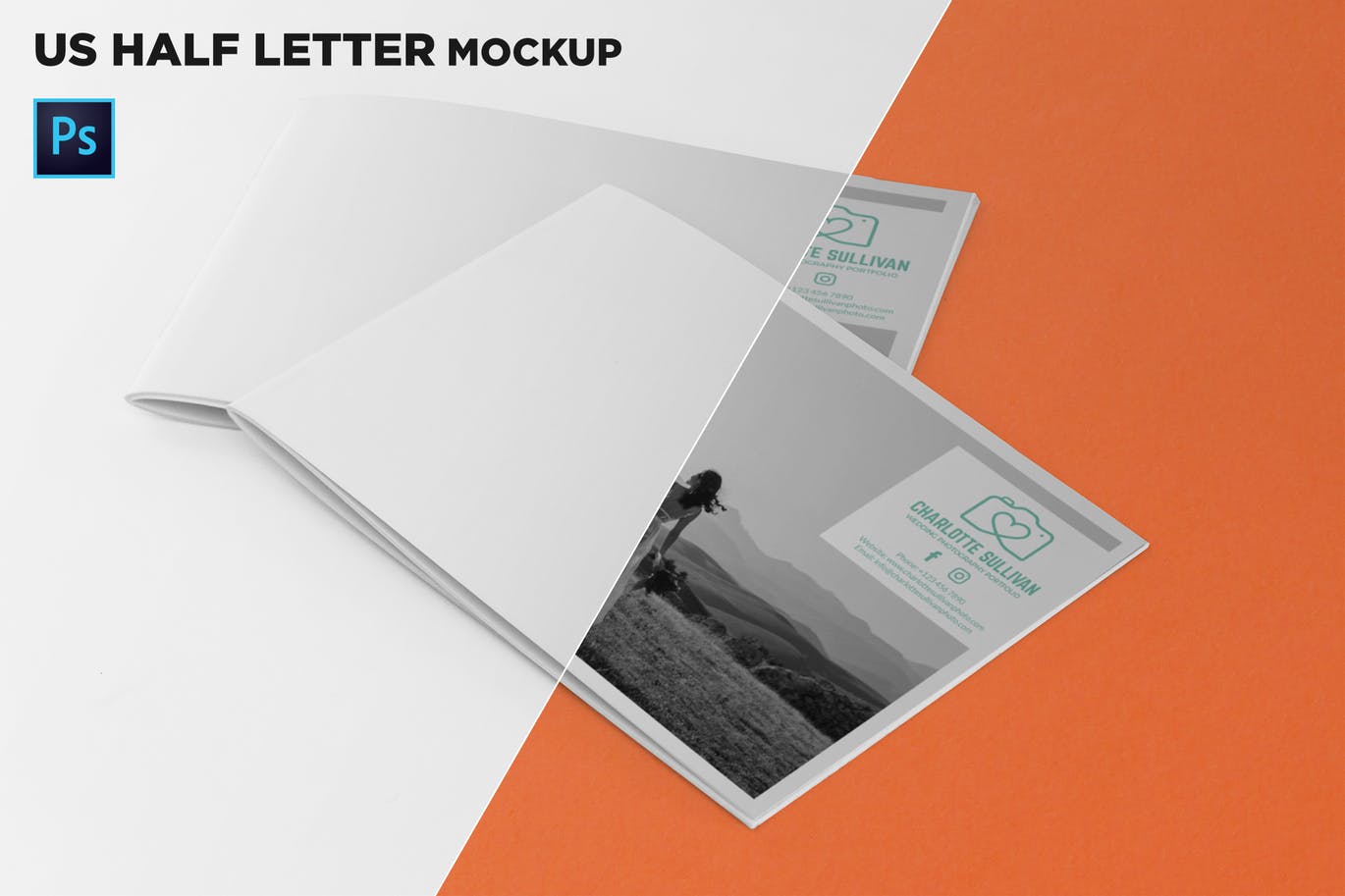 美国信纸尺寸宣传册叠放效果图样机16设计网精选 US Half Letter 2 Covers Brochure Mockup插图