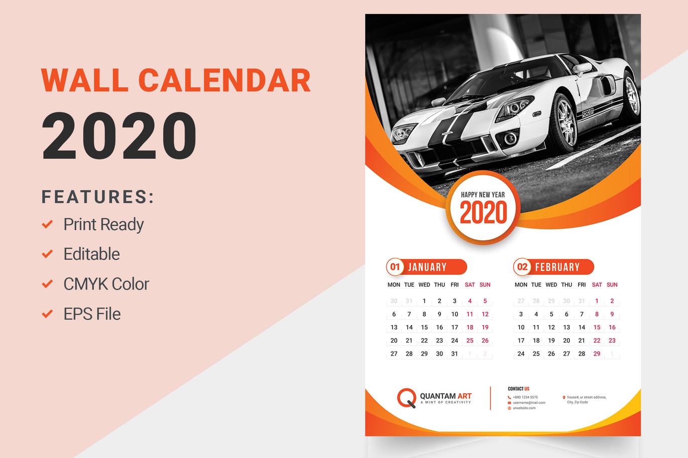 汽车主题2020年挂墙日历版式设计模板 Wall Calendar Design 2020插图