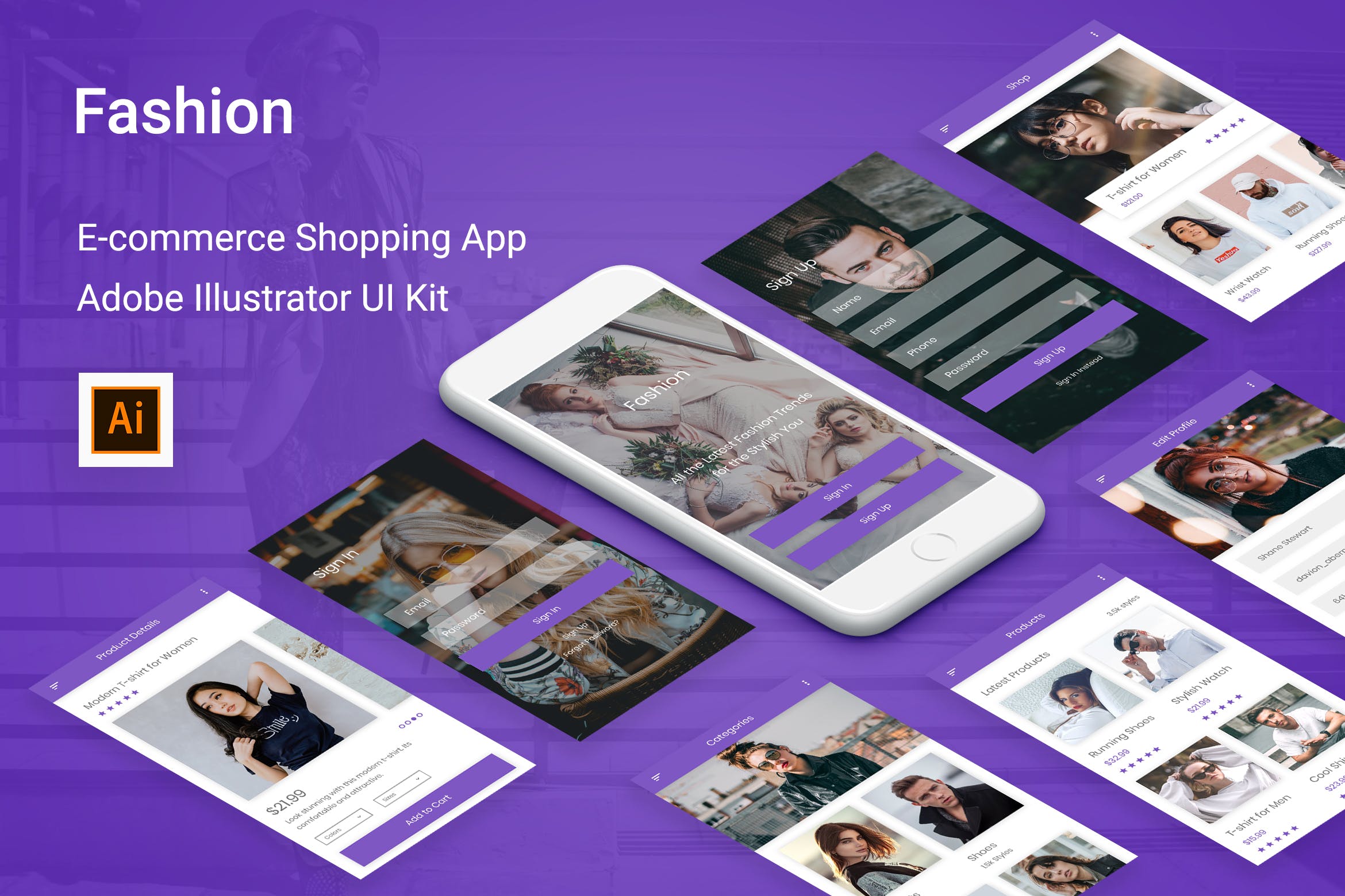时尚服饰电商APP应用UI设计素材库精选套件 Fashion – Ecommerce Shopping App Adobe Illustrator插图