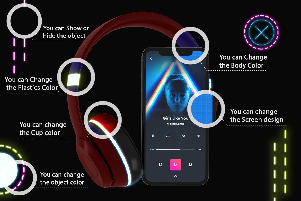 霓虹灯设计风格iPhone手机音乐APP应用UI设计图非凡图库精选样机 Neon iPhone Music App Mockup插图(1)