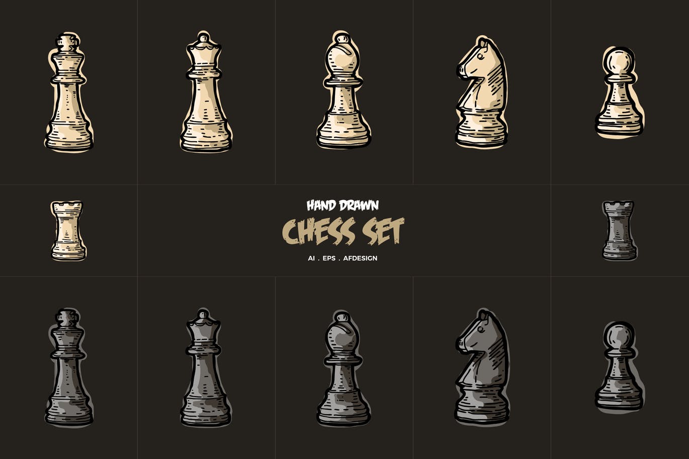12枚手绘风格国际象棋棋子矢量素材 Hand Drawn Chess Collections插图