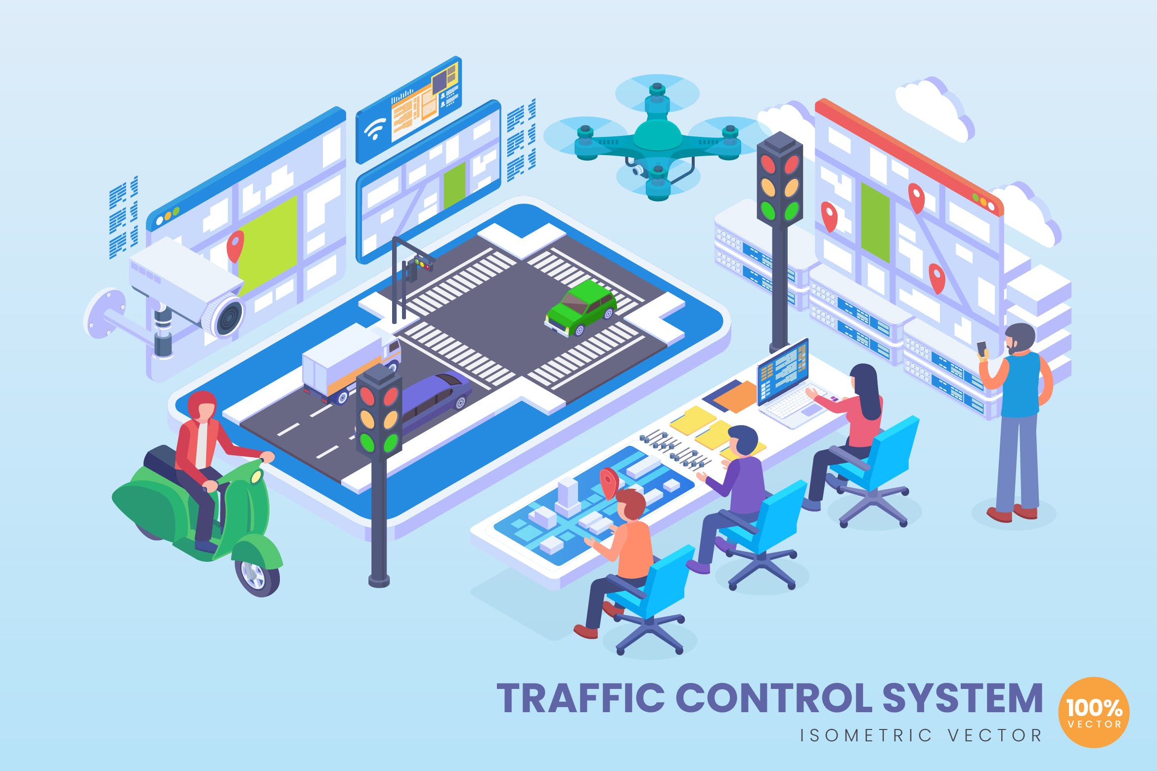 交通控制系统等距矢量非凡图库精选概念插画素材 Isometric Traffic Control System Vector Concept插图
