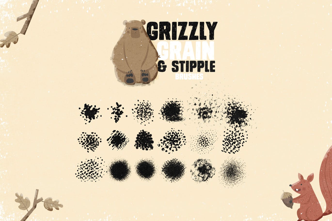 手绘设计师必备-流行的仿旧阴影效果点画创作PS笔刷16图库精选 Grizzly Grain & Stipple Shader Brushes插图(5)